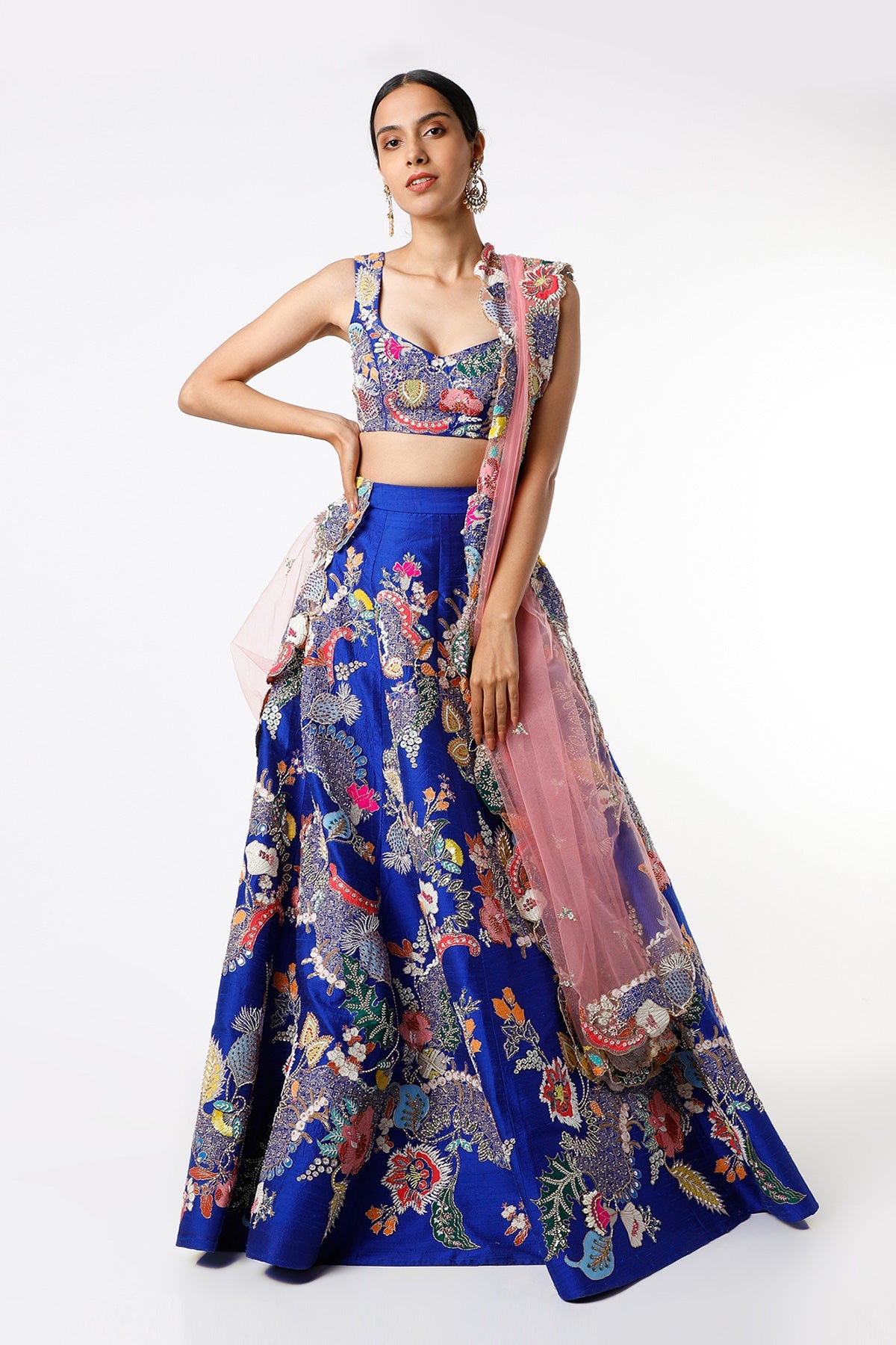 MEENAL - Electric Blue Juna Raw Silk Appliquéd And Embellished Lehenga With Blouse And Cutwork Tulle Dupatta