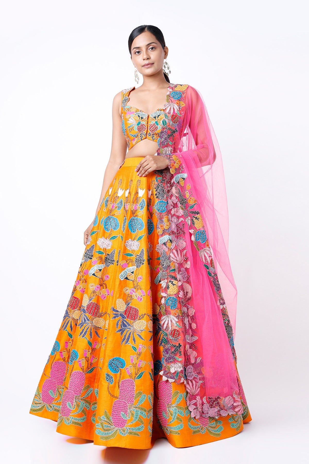 CANNA - Orange Pastiche Raw Silk Appliquéd And Embellished Lehenga With Blouse And Cutwork Tulle Dupatta