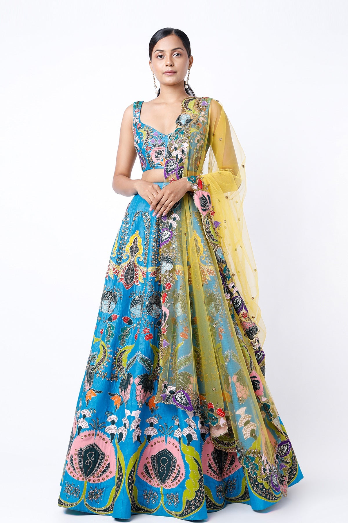INARA - Cyan Blue Nadenka Raw Silk Appliquéd And Embellished Lehenga With Blouse And Cutwork Tulle Dupatta
