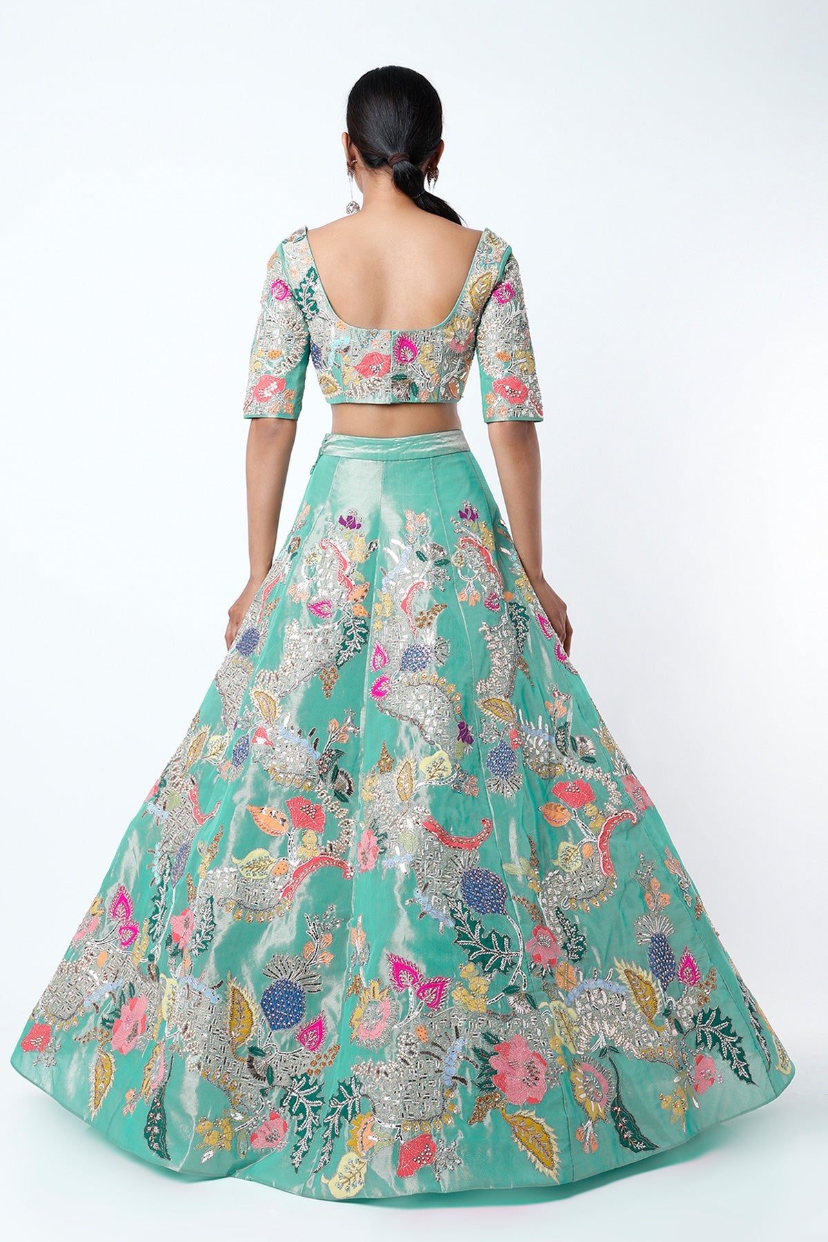 PAYAL - Turquoise Juna Tissue Appliquéd And Embellished Lehenga With Blouse And Cutwork Tissue Dupatta
