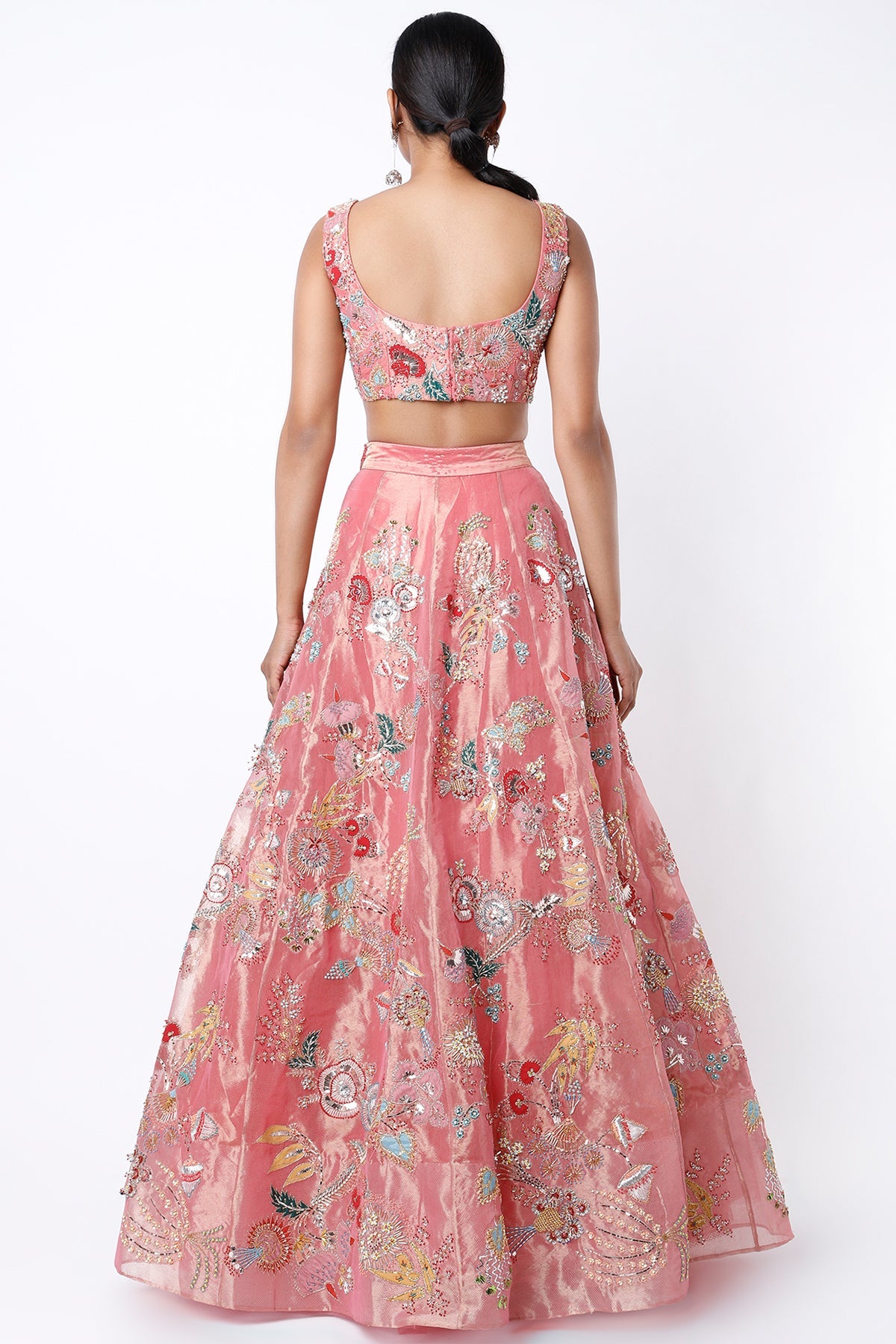 CORALIE - Pink Paper Dolls Tissue Appliquéd And Embellished Lehenga With Blouse And Cutwork Tissue Dupatta