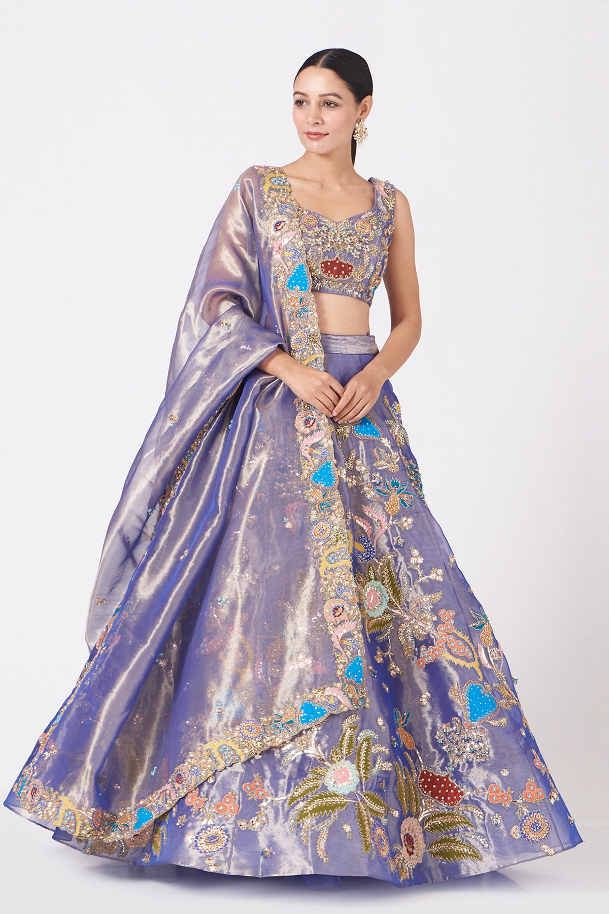YAMINI - Blue Juna Tissue Appliquéd And Embellished Lehenga With Blouse And Cutwork Tissue Dupatta