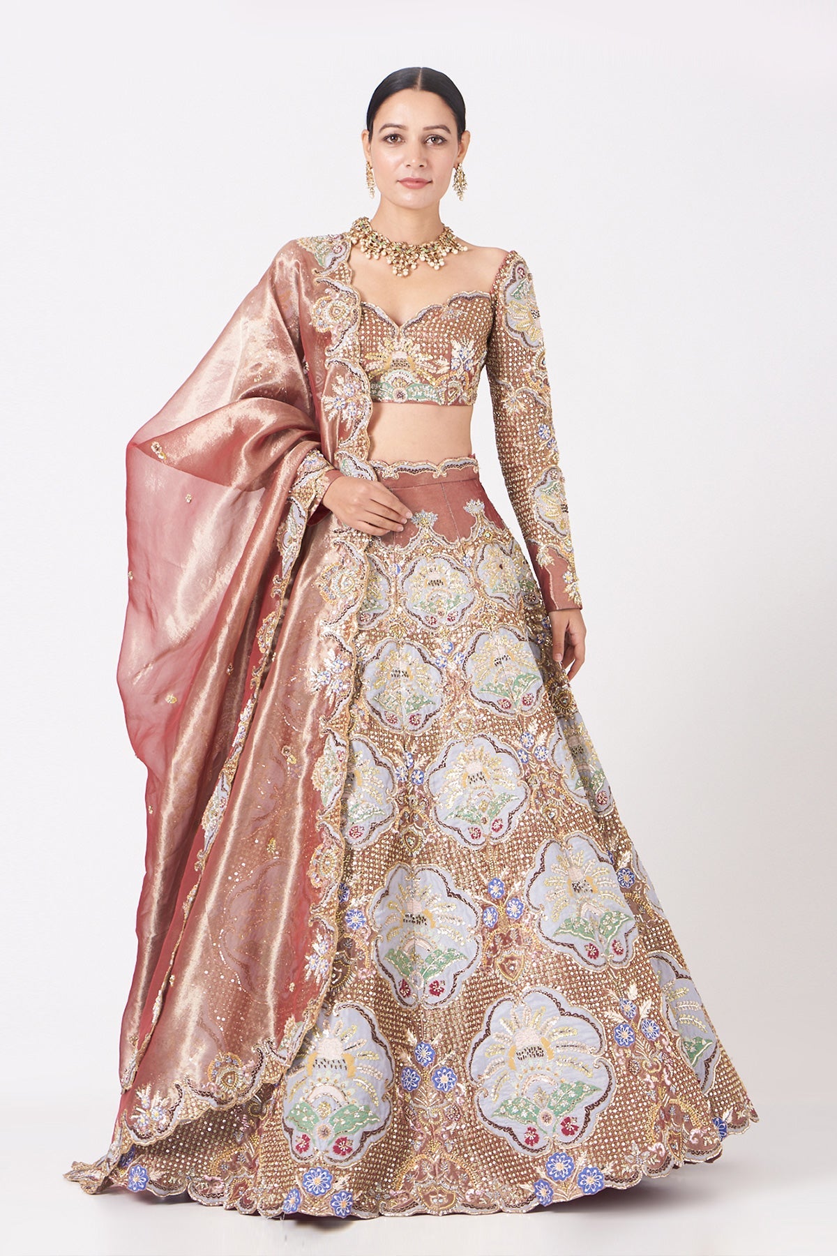 VRINDA - Pink Juna Tissue Appliquéd And Embellished Lehenga With Blouse And Cutwork Tissue Dupatta