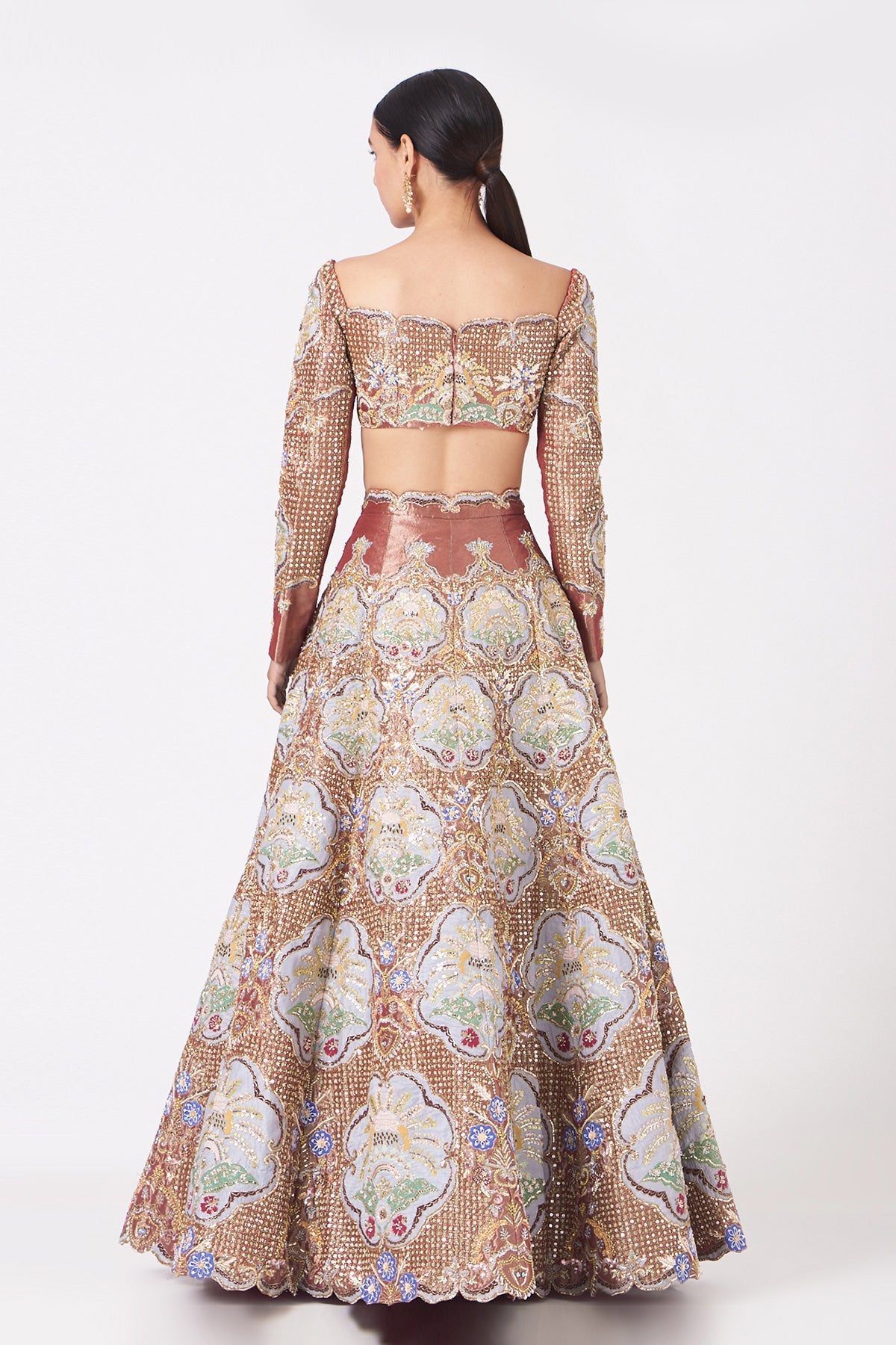 VRINDA - Pink Juna Tissue Appliquéd And Embellished Lehenga With Blouse And Cutwork Tissue Dupatta