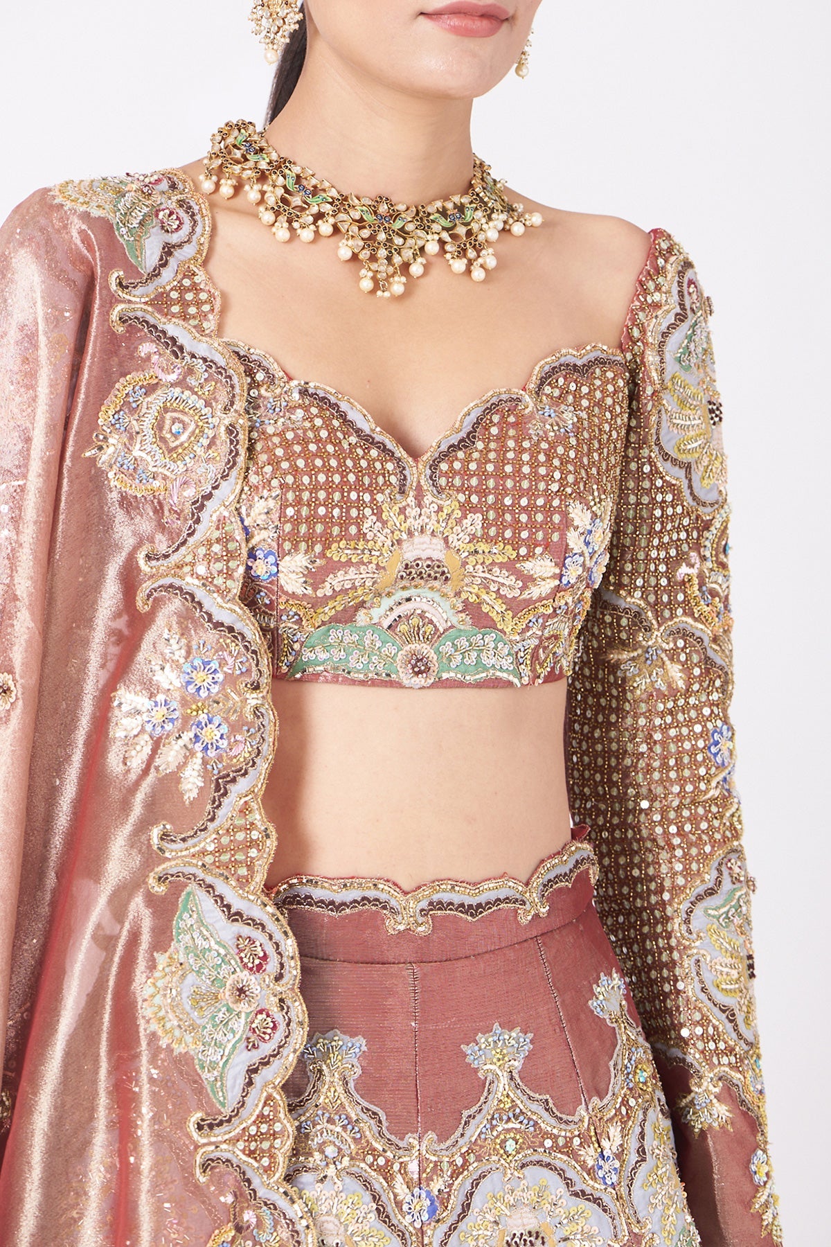 VRINDA - Pink Juna Tissue Appliquéd And Embellished Lehenga With Blouse And Cutwork Tissue Dupatta