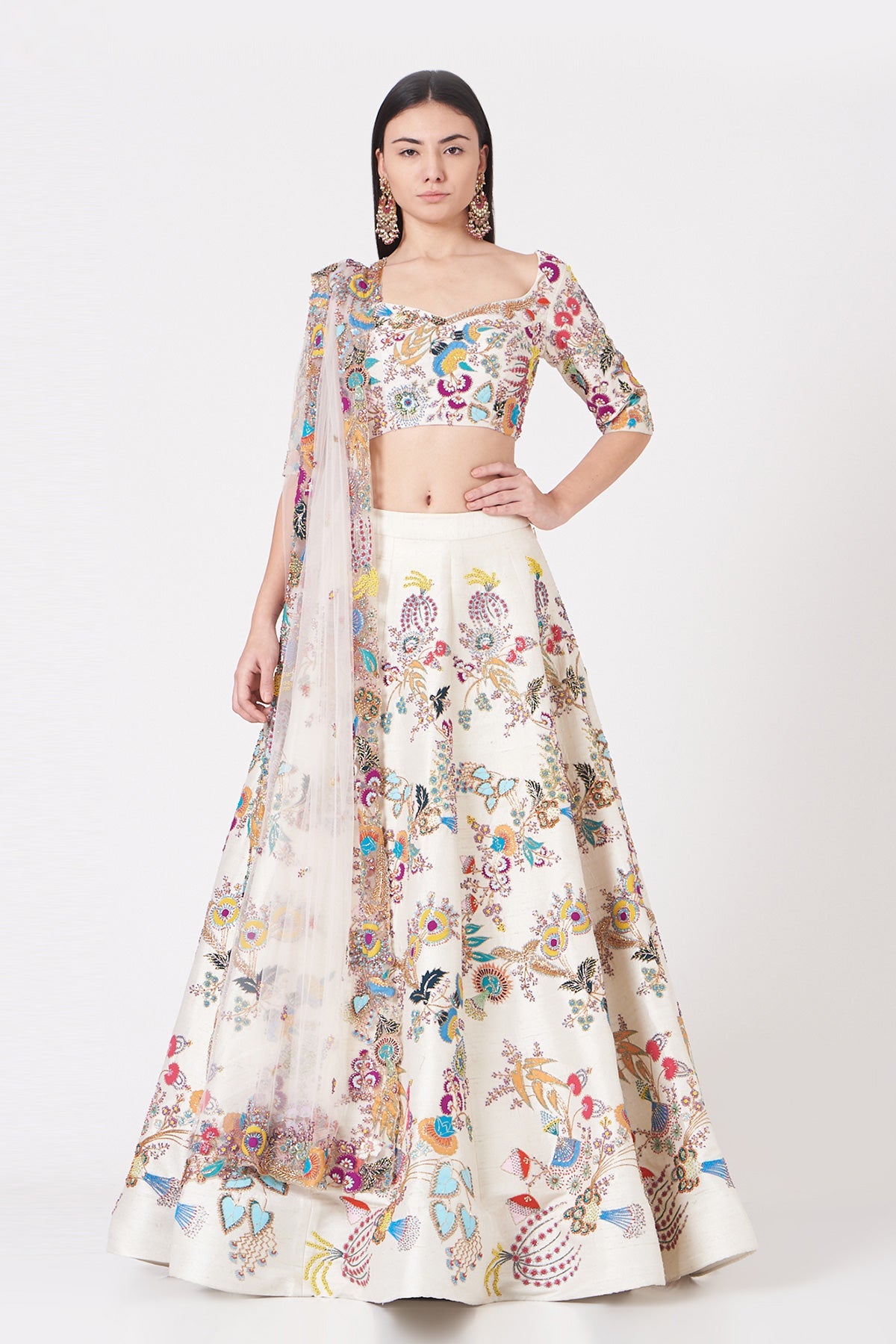 SELENE - Ivory Paper Dolls Raw Silk Appliquéd And Embellished Lehenga With Blouse And Cutwork Tulle Dupatta