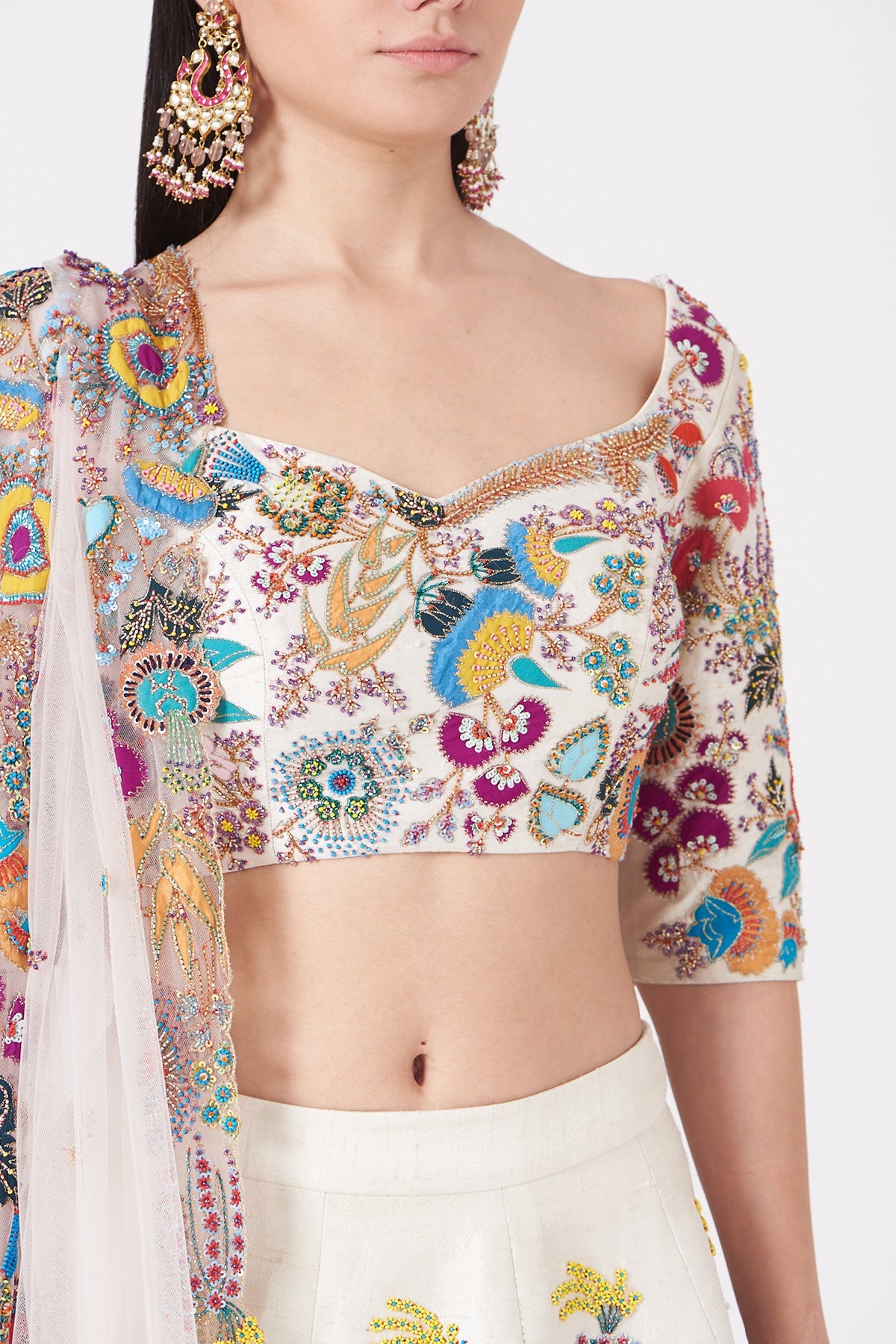 SELENE - Ivory Paper Dolls Raw Silk Appliquéd And Embellished Lehenga With Blouse And Cutwork Tulle Dupatta