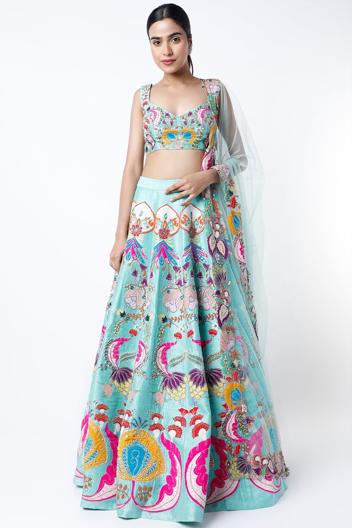 MAHIRA - Scuba Blue Nadenka Raw Silk Appliquéd And Embellished Lehenga With Blouse And Cutwork Dupatta
