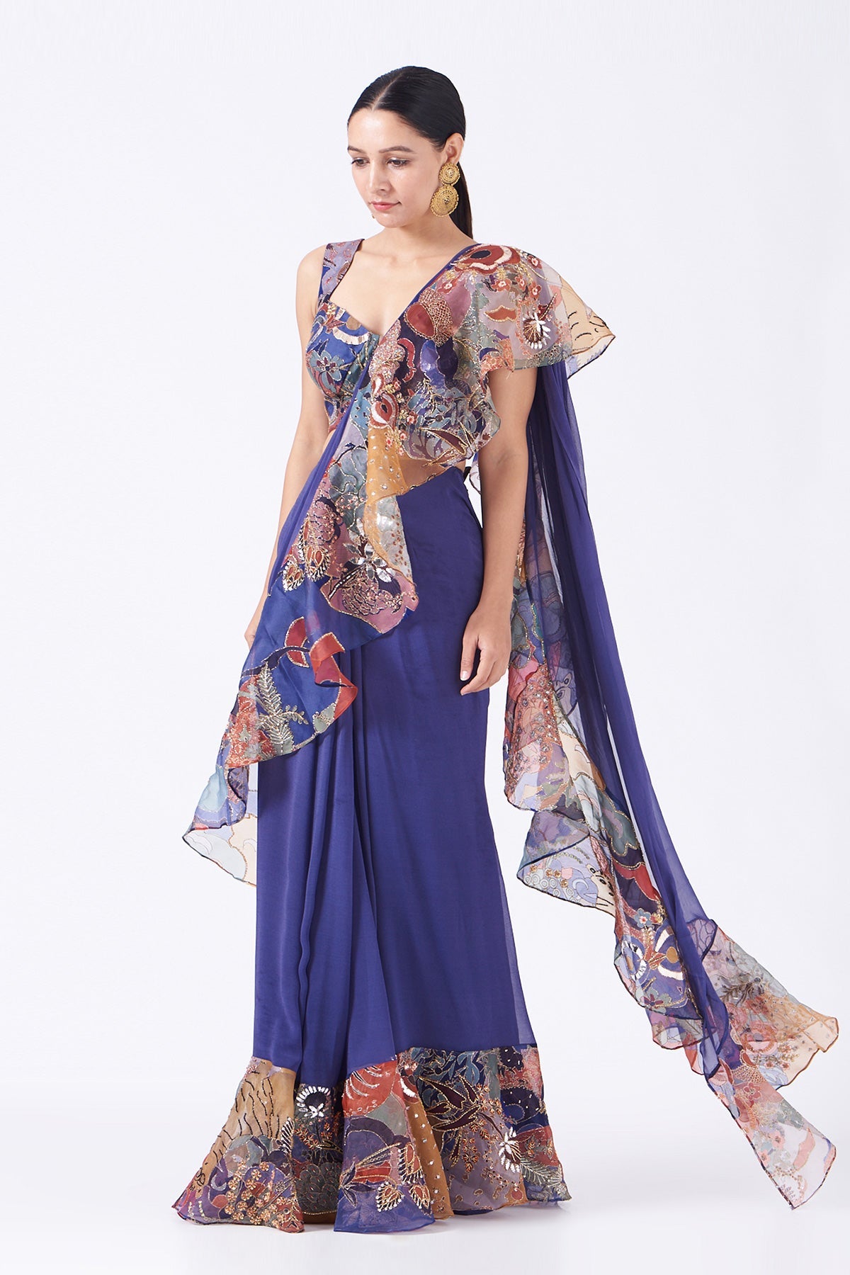 INDIGO - Violet Paper Dolls Satin Organza Printed And Embellished Ruffle Saree And Blouse