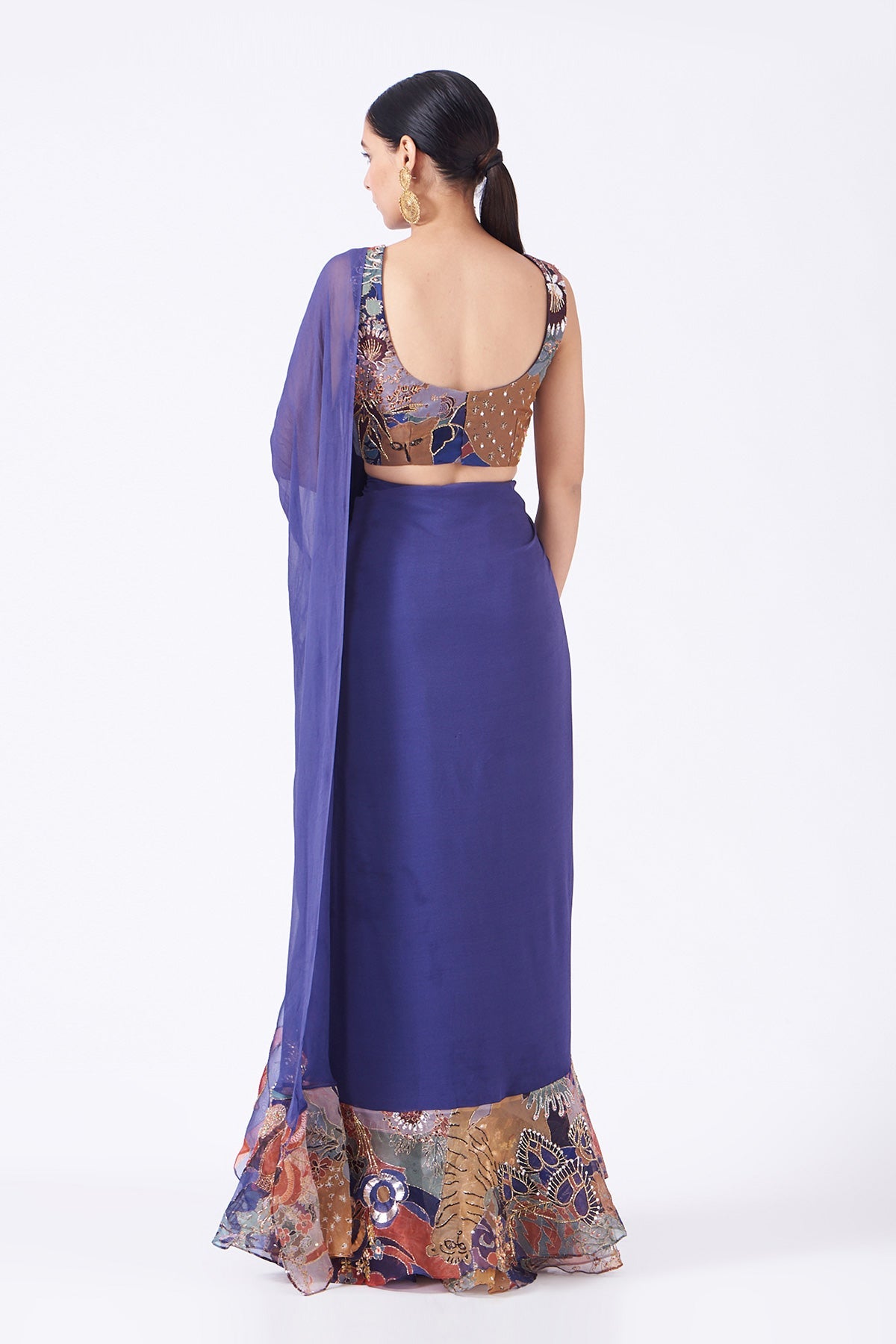 INDIGO - Violet Paper Dolls Satin Organza Printed And Embellished Ruffle Saree And Blouse