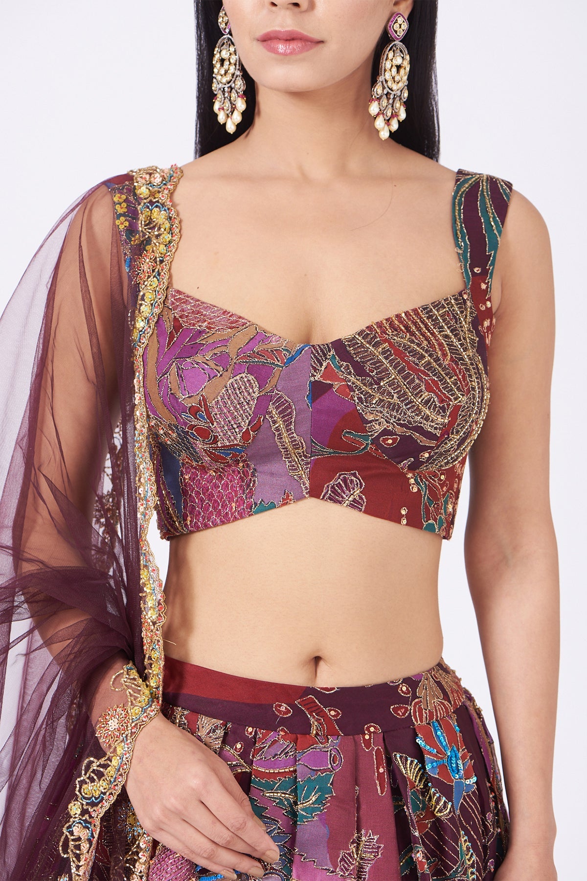 CARNATION - Plum Pastiche Organza Printed And Embellished Top And Skirt With Scallop Dupatta