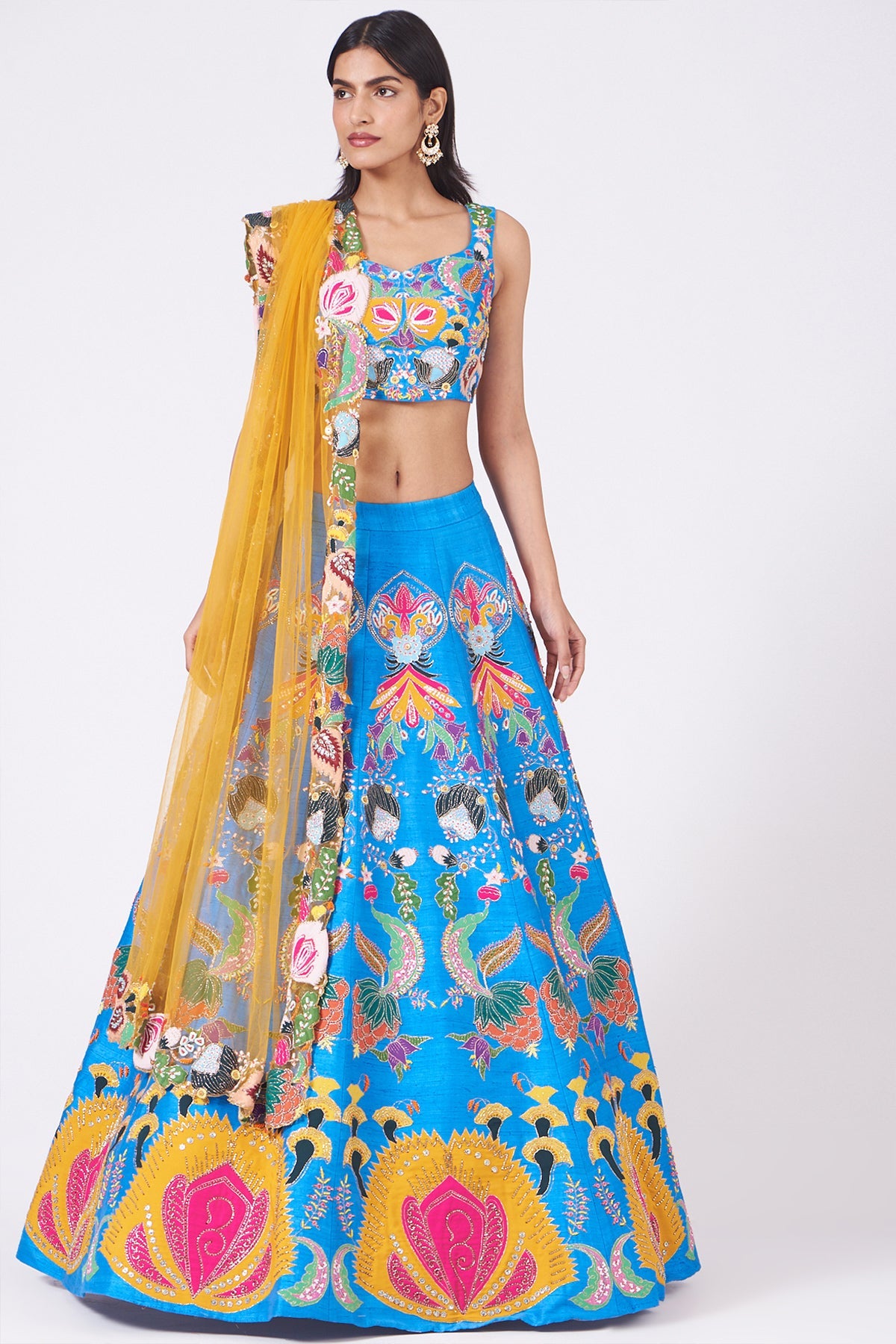 SIYA - Dodger Blue Nadenka Raw Silk Appliquéd And Embellished Lehenga With Blouse And Cutwork Dupatta