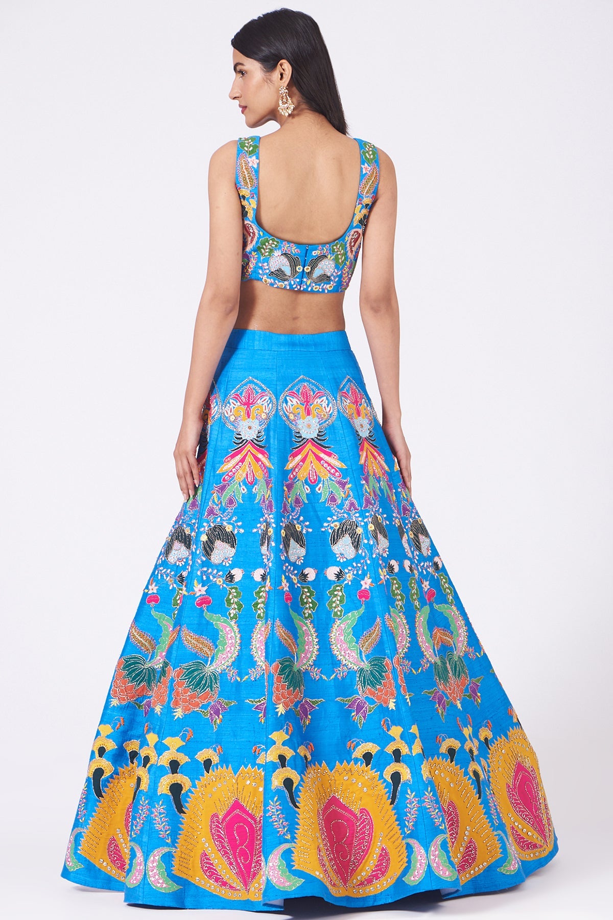 SIYA - Dodger Blue Nadenka Raw Silk Appliquéd And Embellished Lehenga With Blouse And Cutwork Dupatta