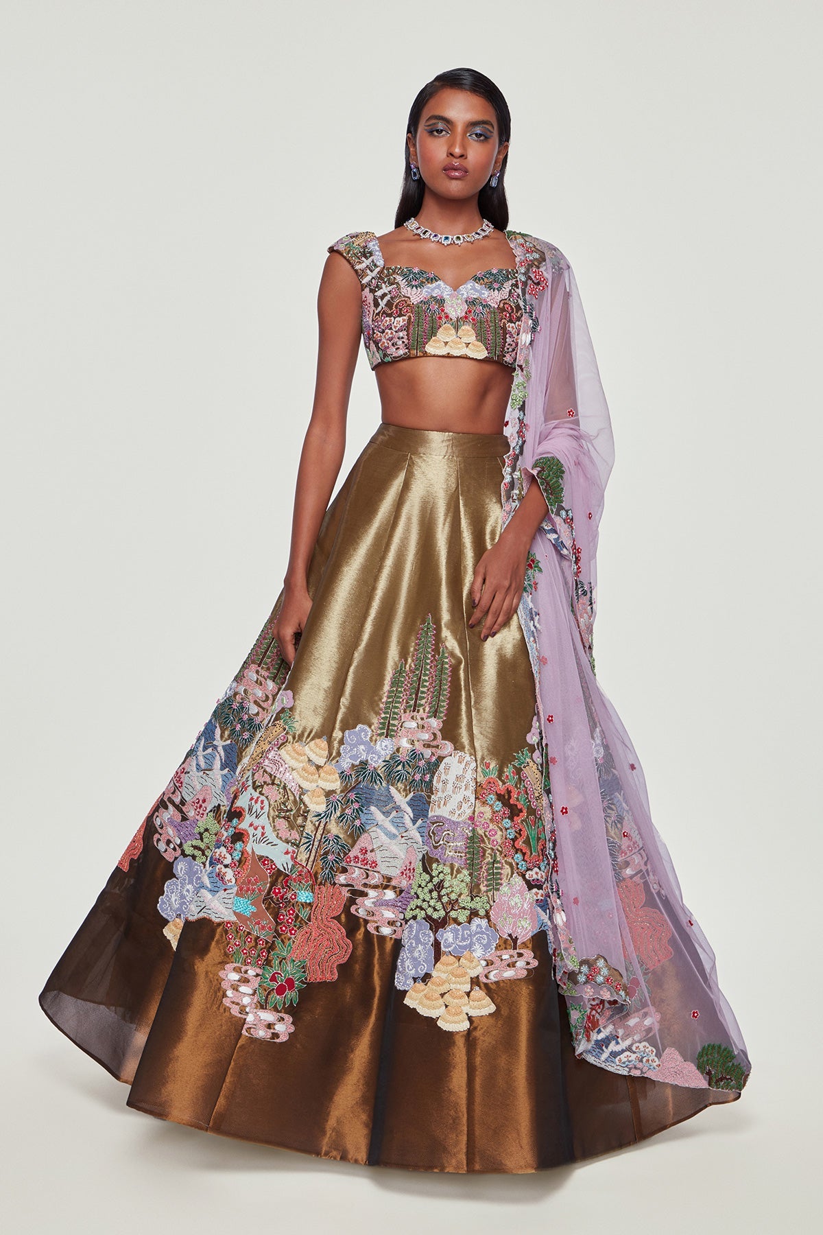 ARABELLA - Copper & Gold Tissue Appliqued Embellished Lehenga With Blouse And Dupatta