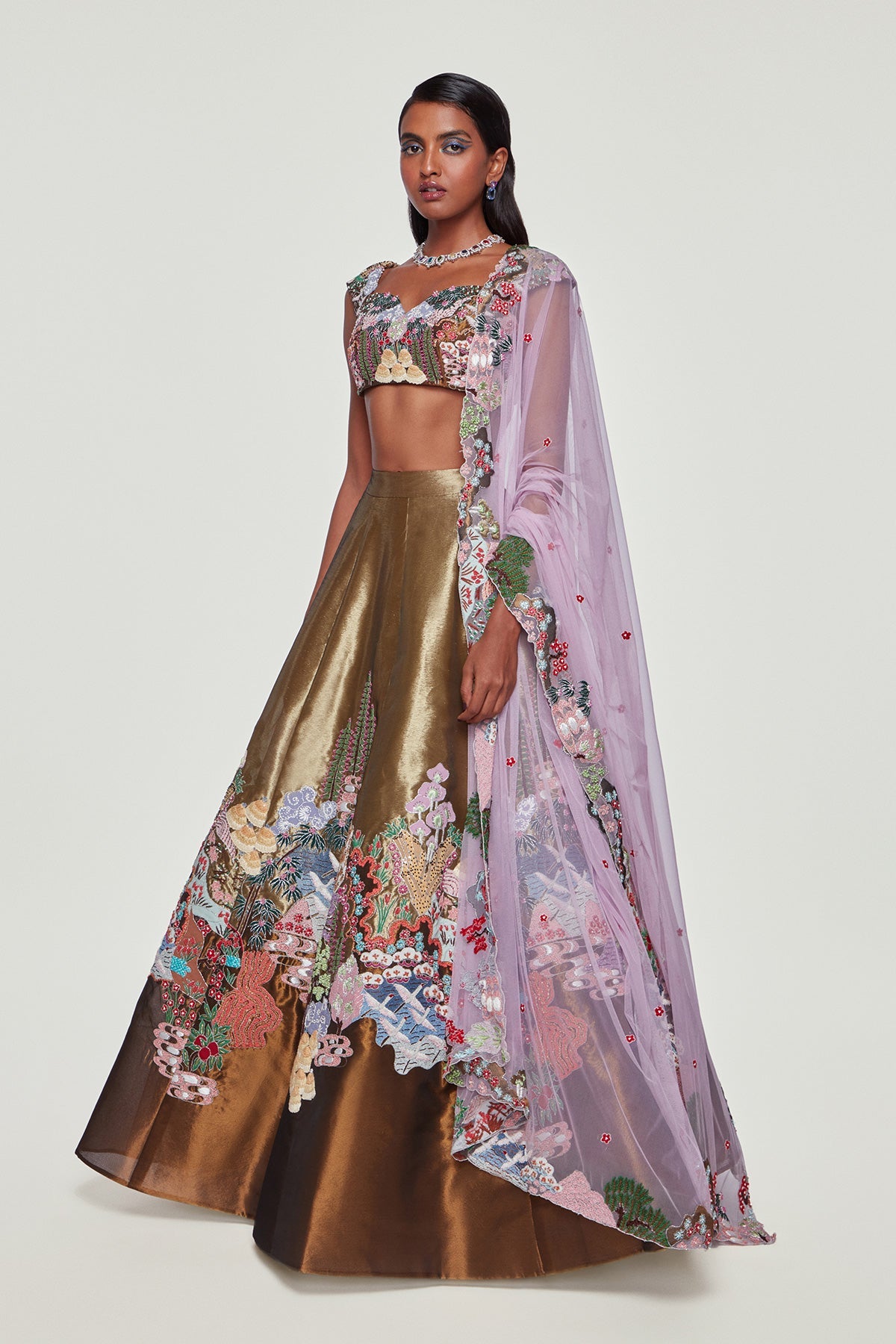 ARABELLA - Copper & Gold Tissue Appliqued Embellished Lehenga With Blouse And Dupatta