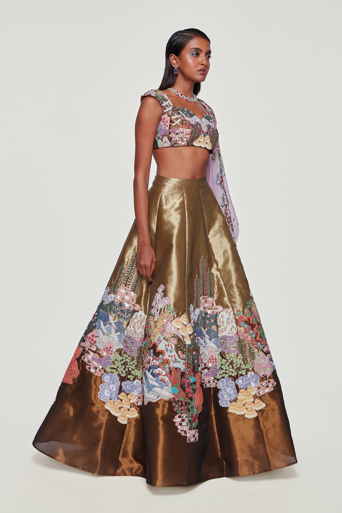 ARABELLA - Copper & Gold Tissue Appliqued Embellished Lehenga With Blouse And Dupatta