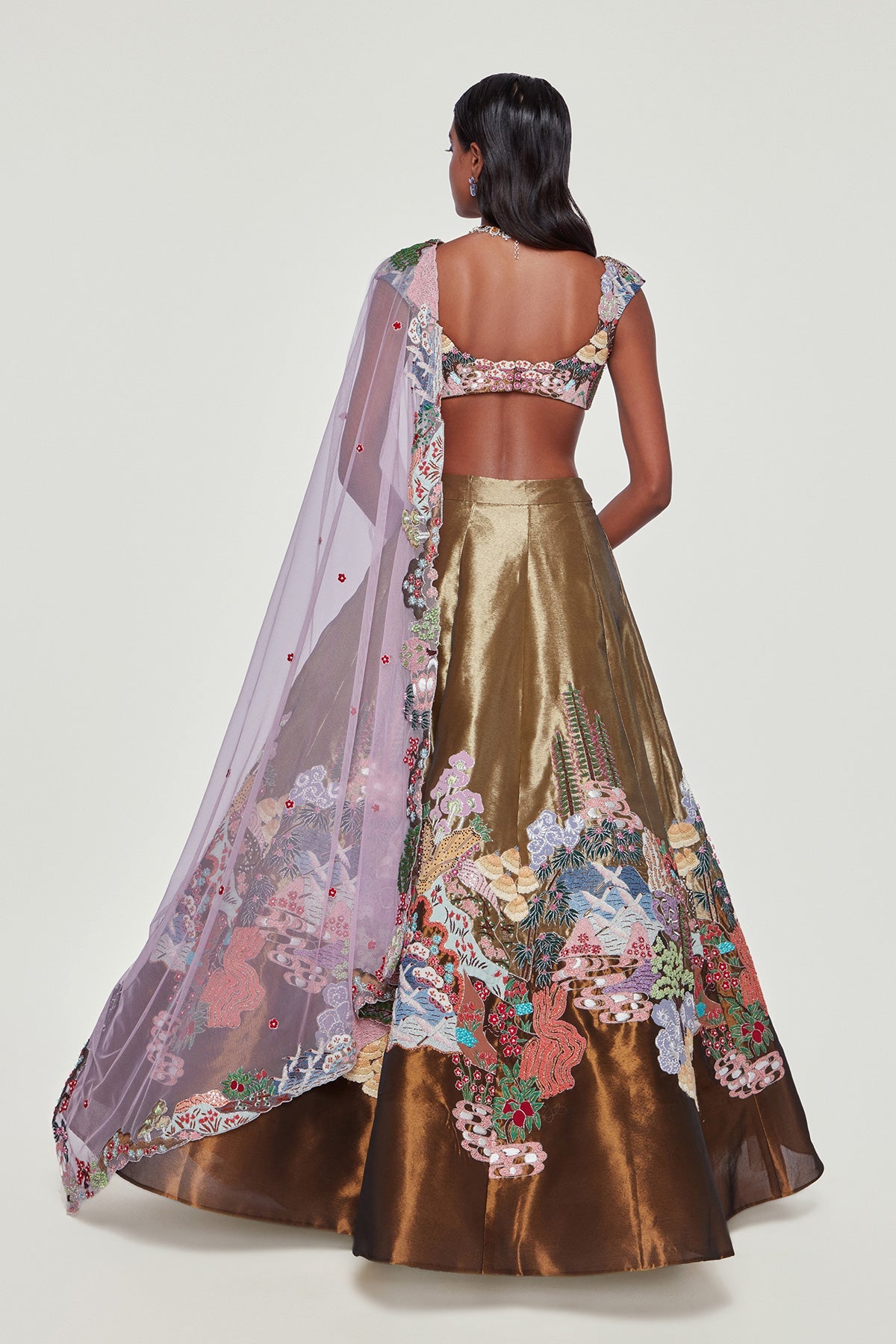 ARABELLA - Copper & Gold Tissue Appliqued Embellished Lehenga With Blouse And Dupatta