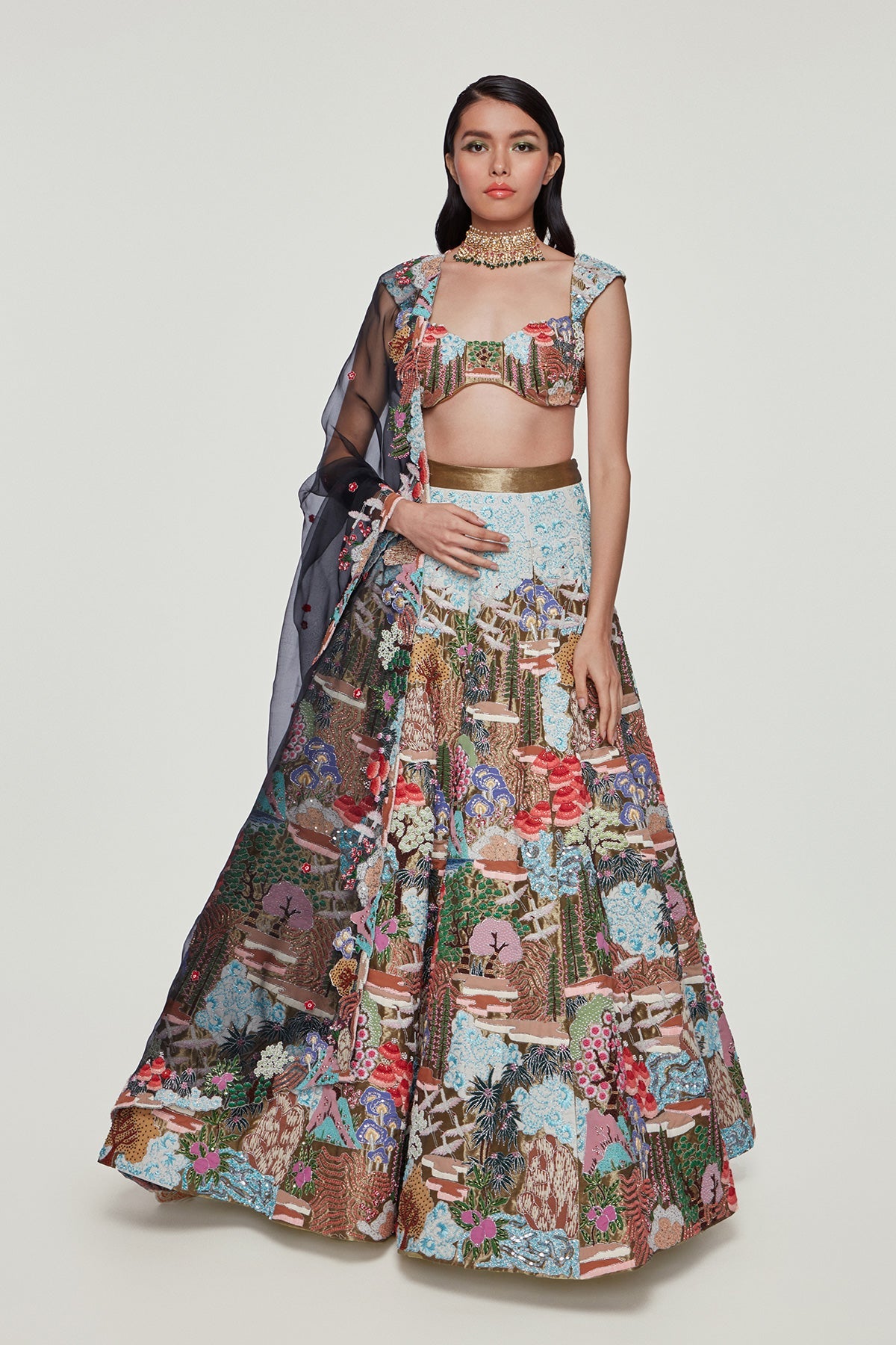 EVANGELINE - Sky Blue Tissue Appliquéd And Embellished Lehenga With Blouse And Dupatta