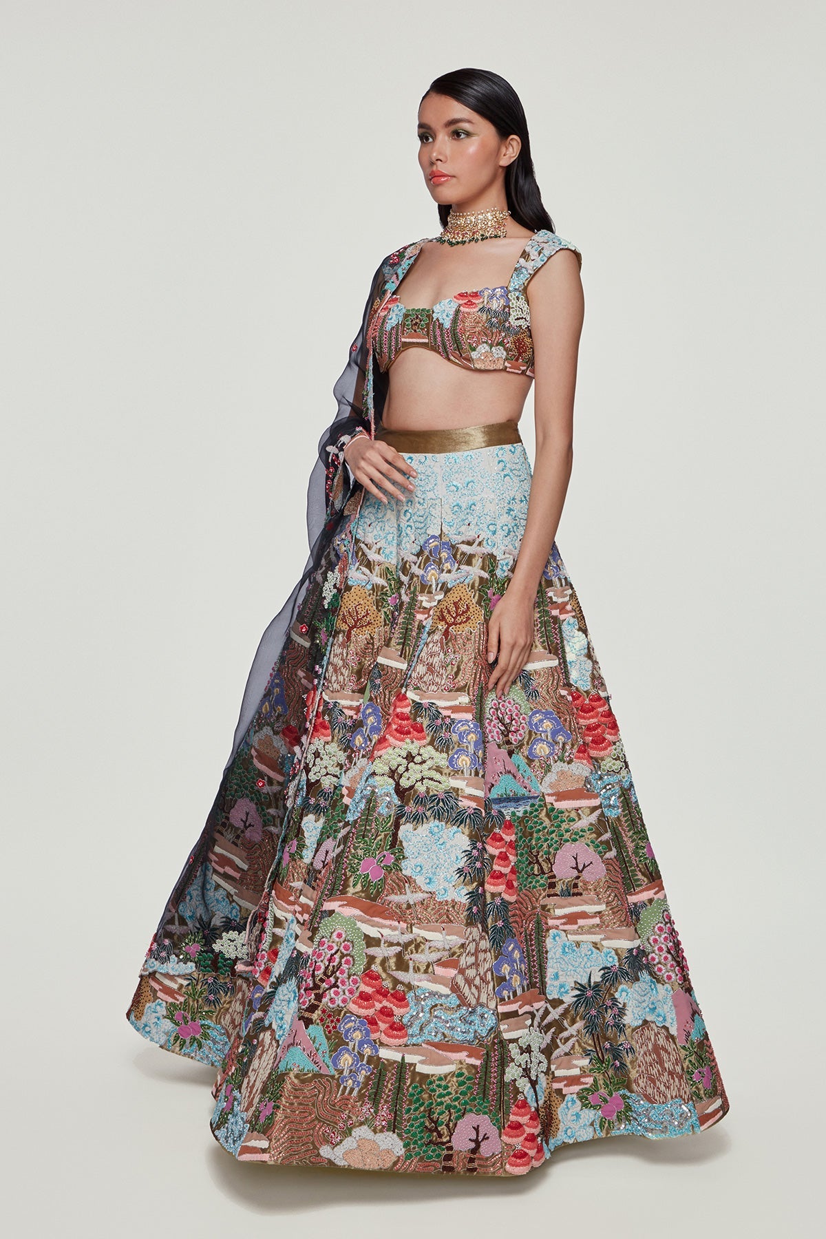 EVANGELINE - Sky Blue Tissue Appliquéd And Embellished Lehenga With Blouse And Dupatta