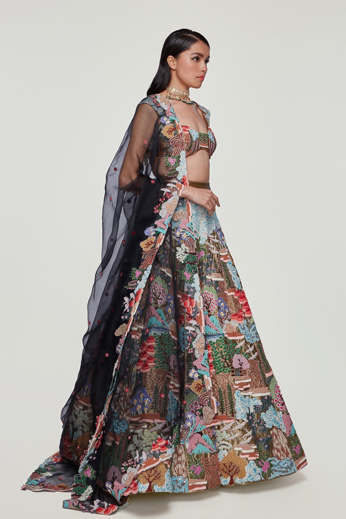 EVANGELINE - Sky Blue Tissue Appliquéd And Embellished Lehenga With Blouse And Dupatta