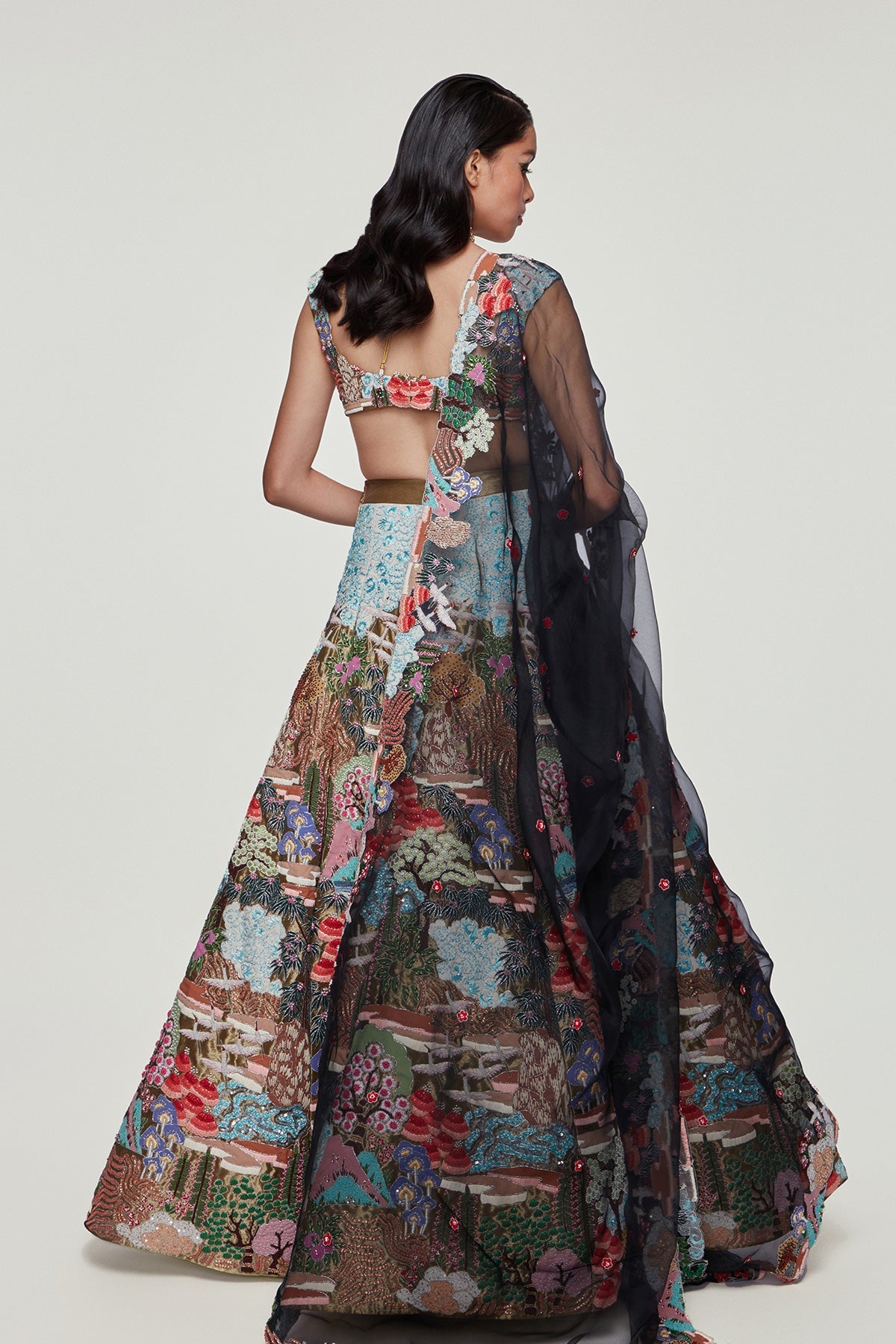 EVANGELINE - Sky Blue Tissue Appliquéd And Embellished Lehenga With Blouse And Dupatta