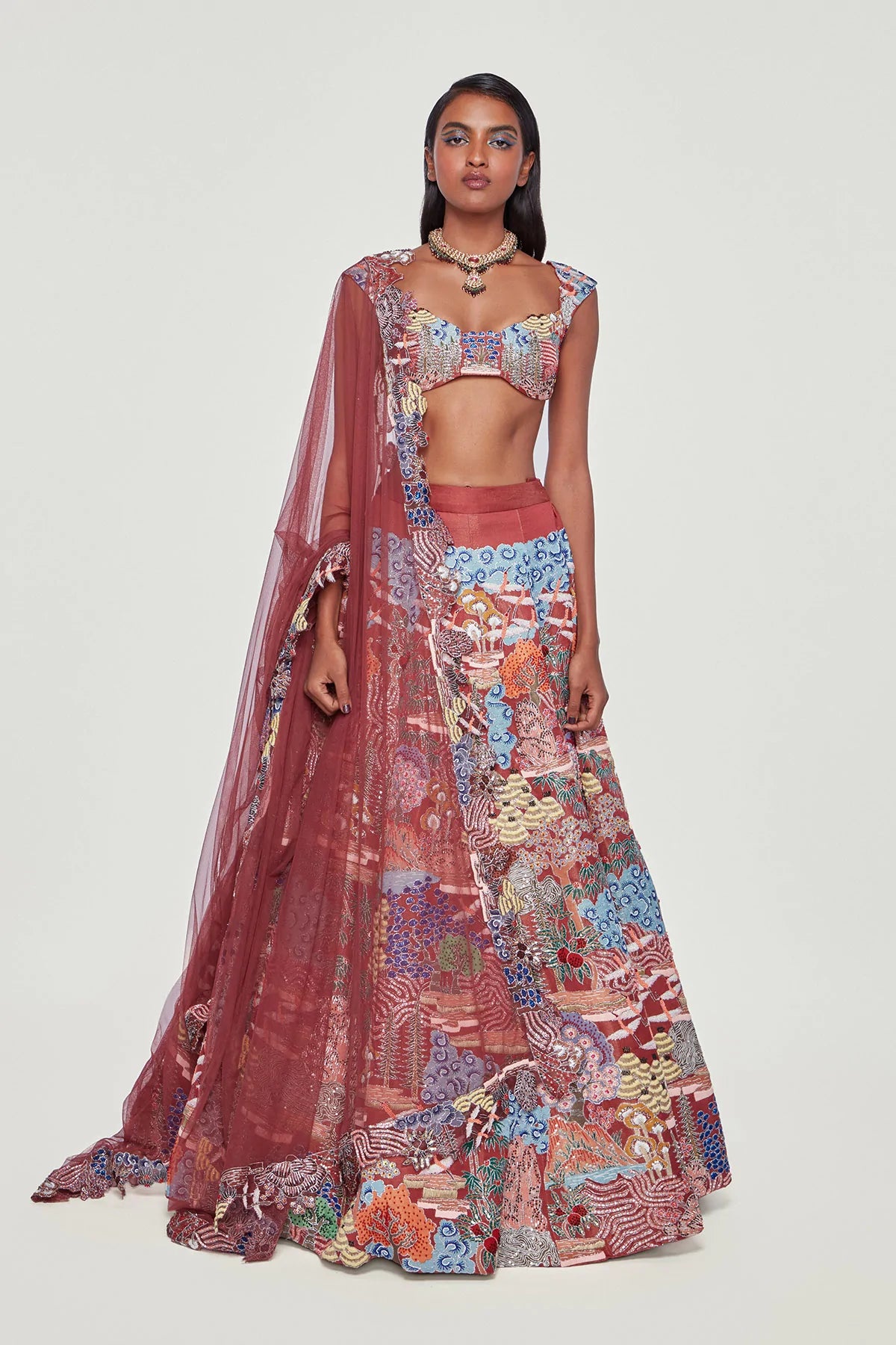 ODETTE - Maroon Tissue Appliquéd And Embellished Lehenga With Blouse And Dupatta