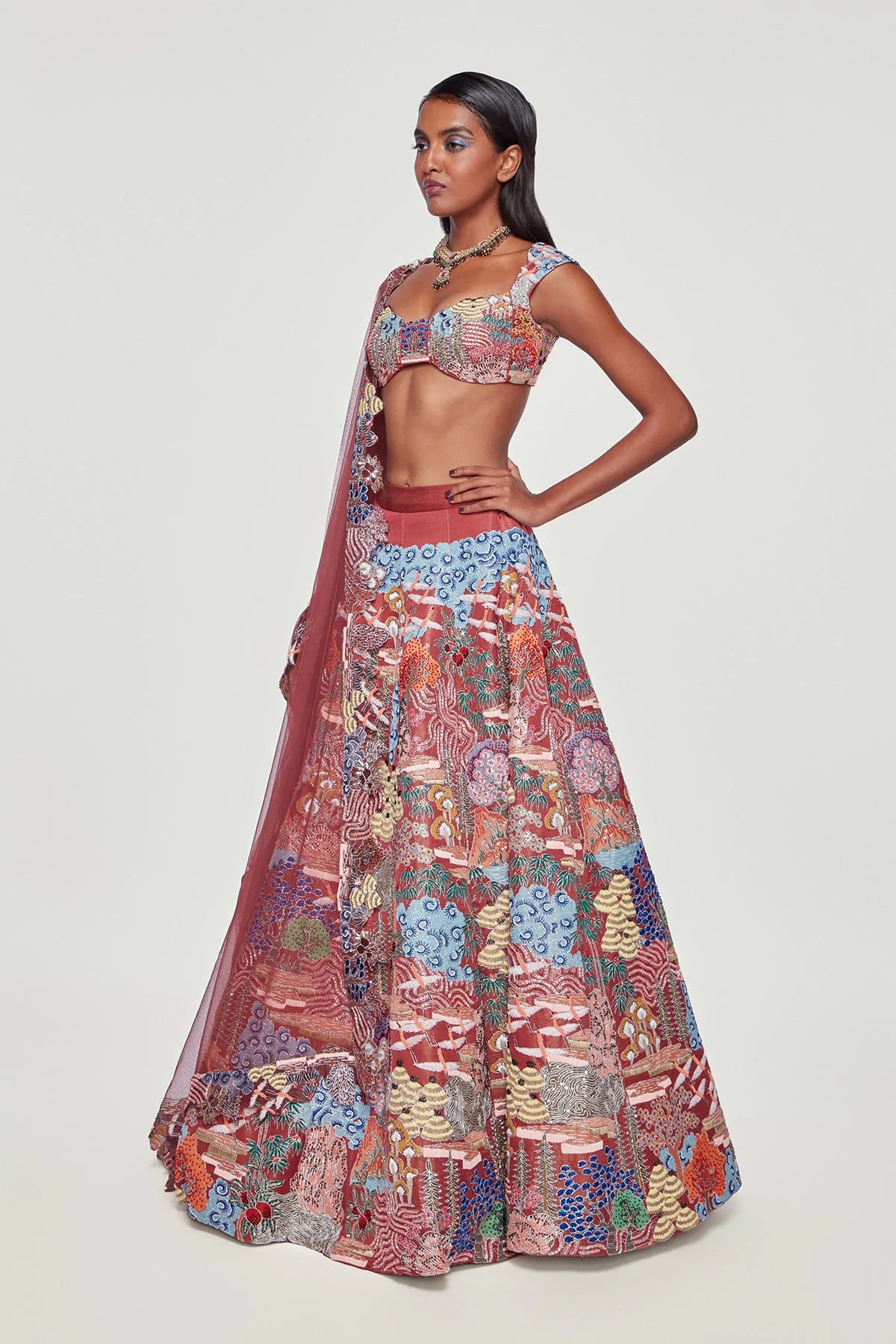 ODETTE - Maroon Tissue Appliquéd And Embellished Lehenga With Blouse And Dupatta