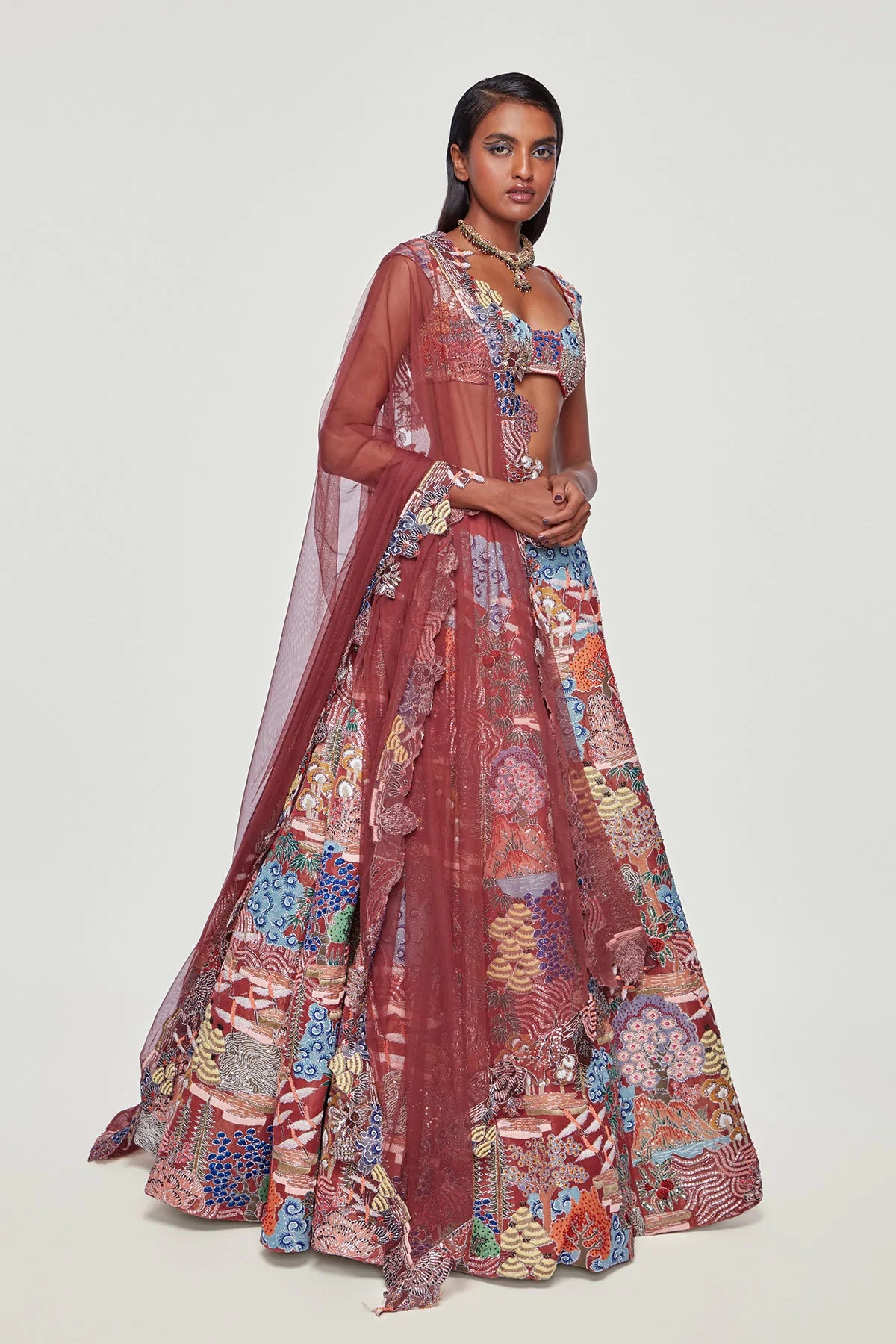 ODETTE - Maroon Tissue Appliquéd And Embellished Lehenga With Blouse And Dupatta