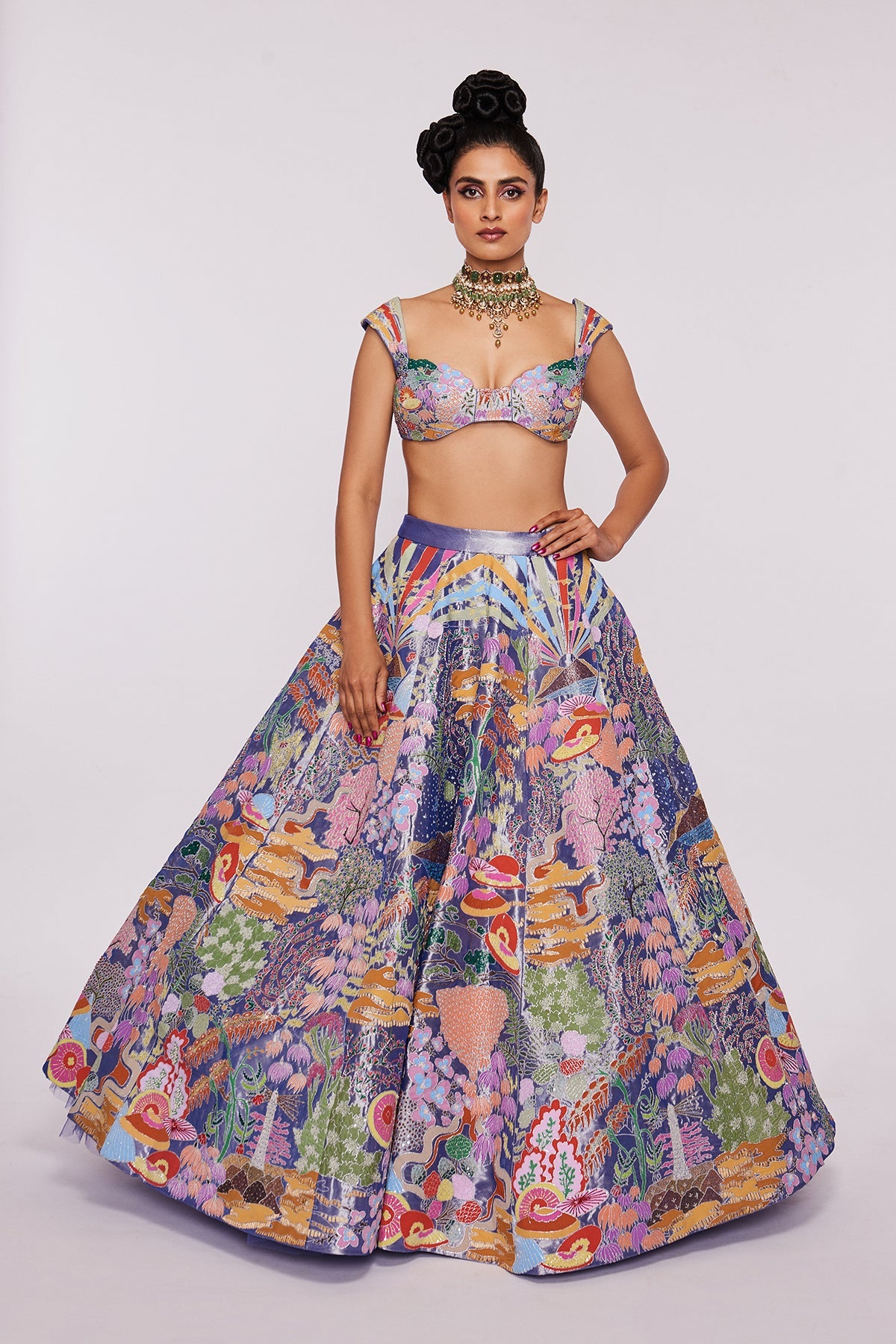 FLORAISON - Blue Divergence Tissue Appliquéd And Embellished Lehenga With Blouse And Cutwork Tissue Dupatta