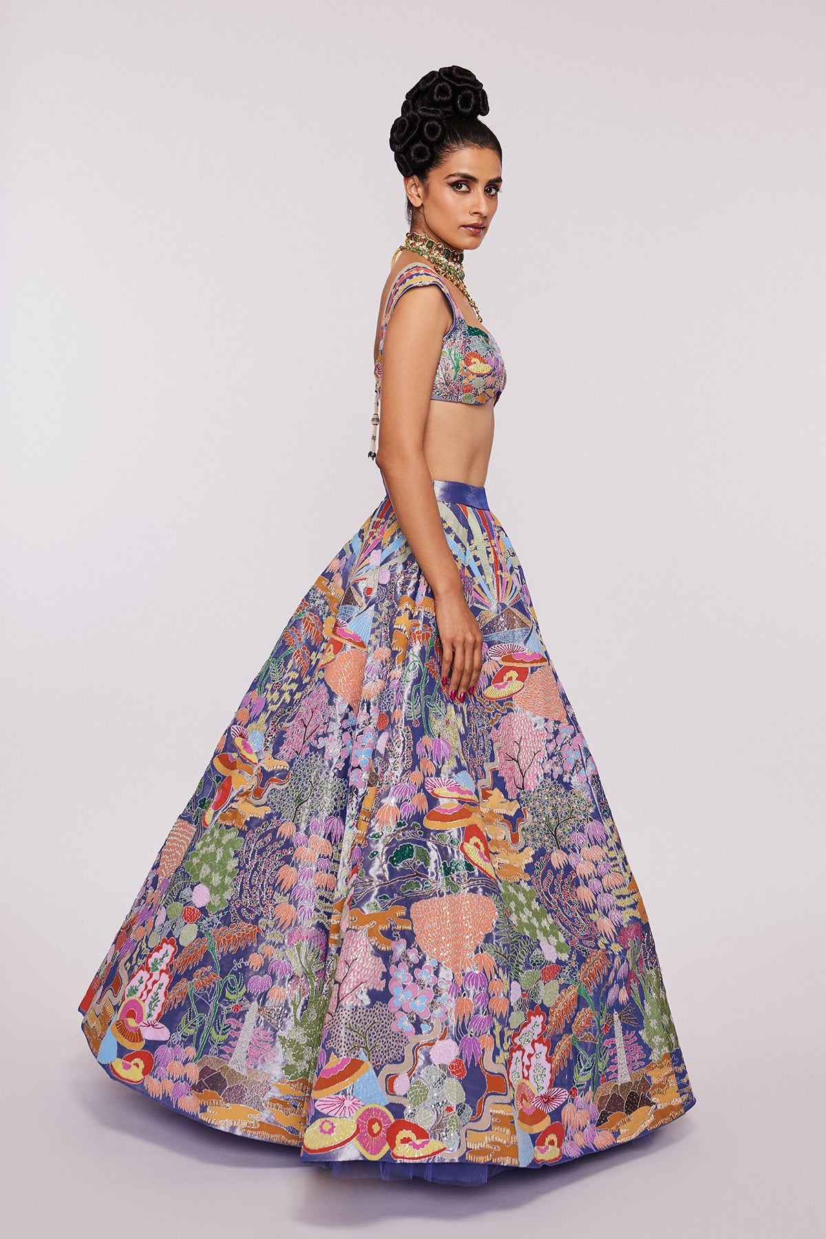 FLORAISON - Blue Divergence Tissue Appliquéd And Embellished Lehenga With Blouse And Cutwork Tissue Dupatta