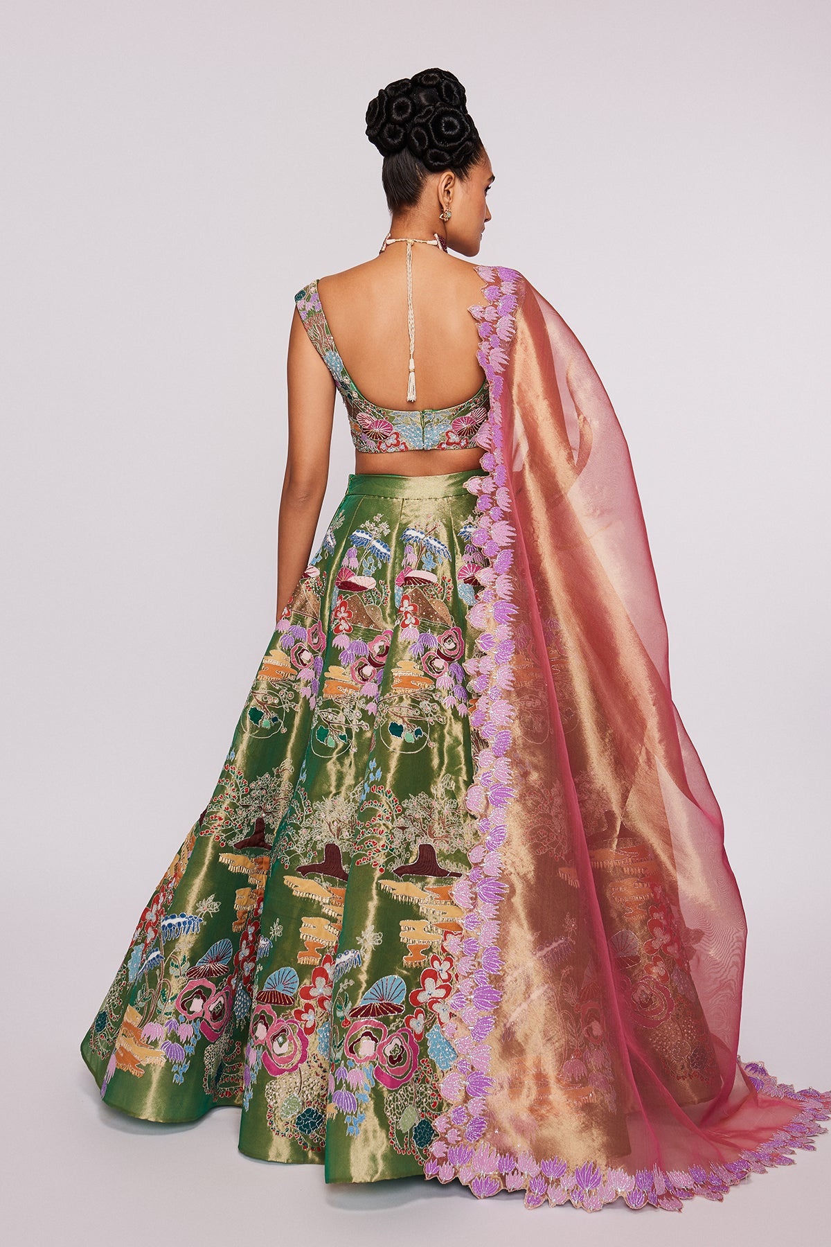 JULIETTE - Green Divergence Tissue Appliquéd And Embellished Lehenga With Blouse And Tissue Dupatta