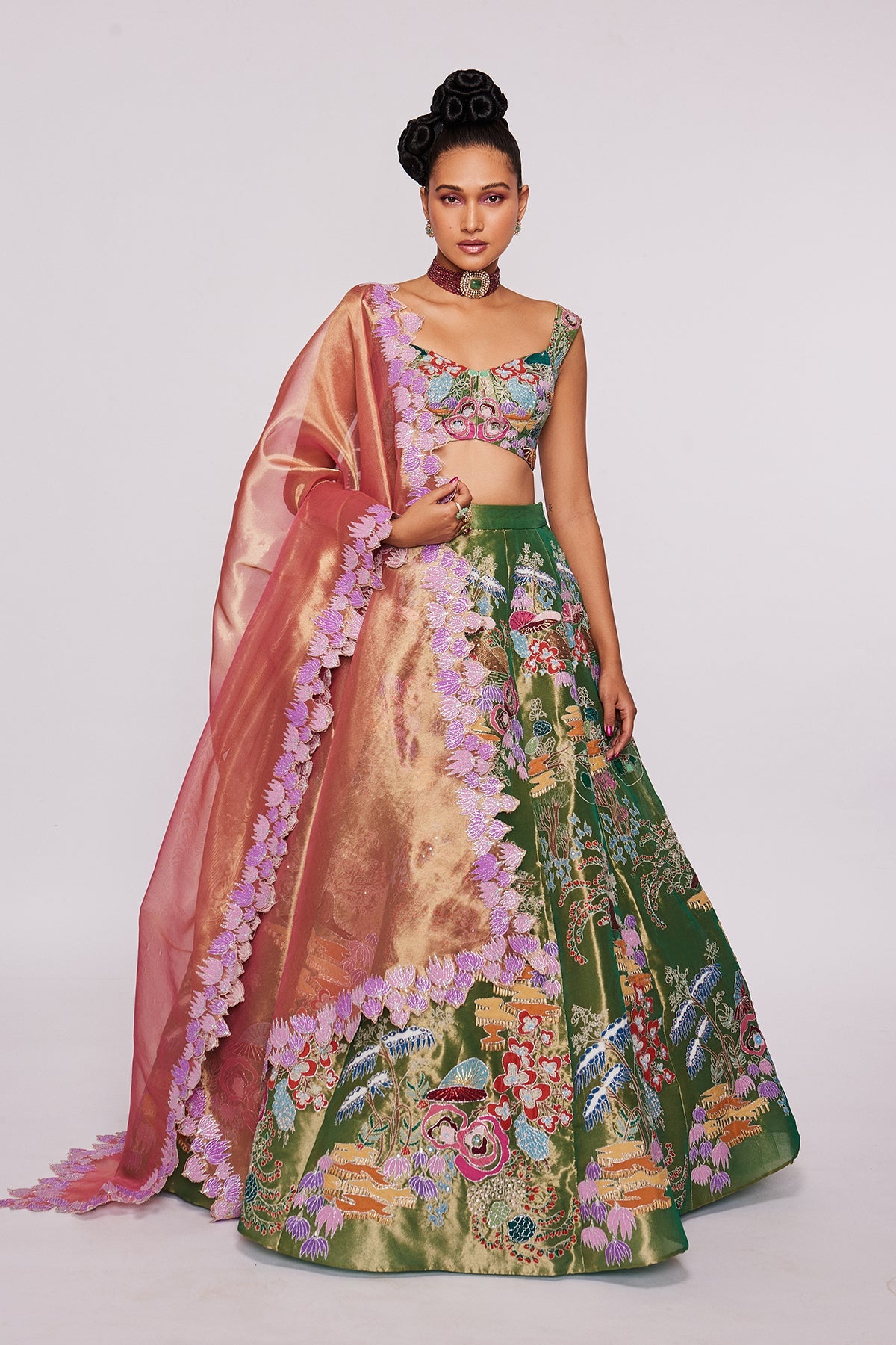 JULIETTE - Green Divergence Tissue Appliquéd And Embellished Lehenga With Blouse And Tissue Dupatta