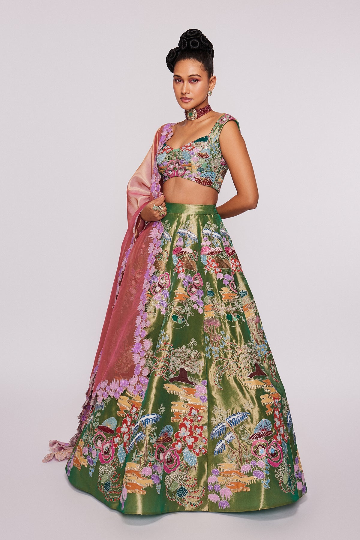 JULIETTE - Green Divergence Tissue Appliquéd And Embellished Lehenga With Blouse And Tissue Dupatta