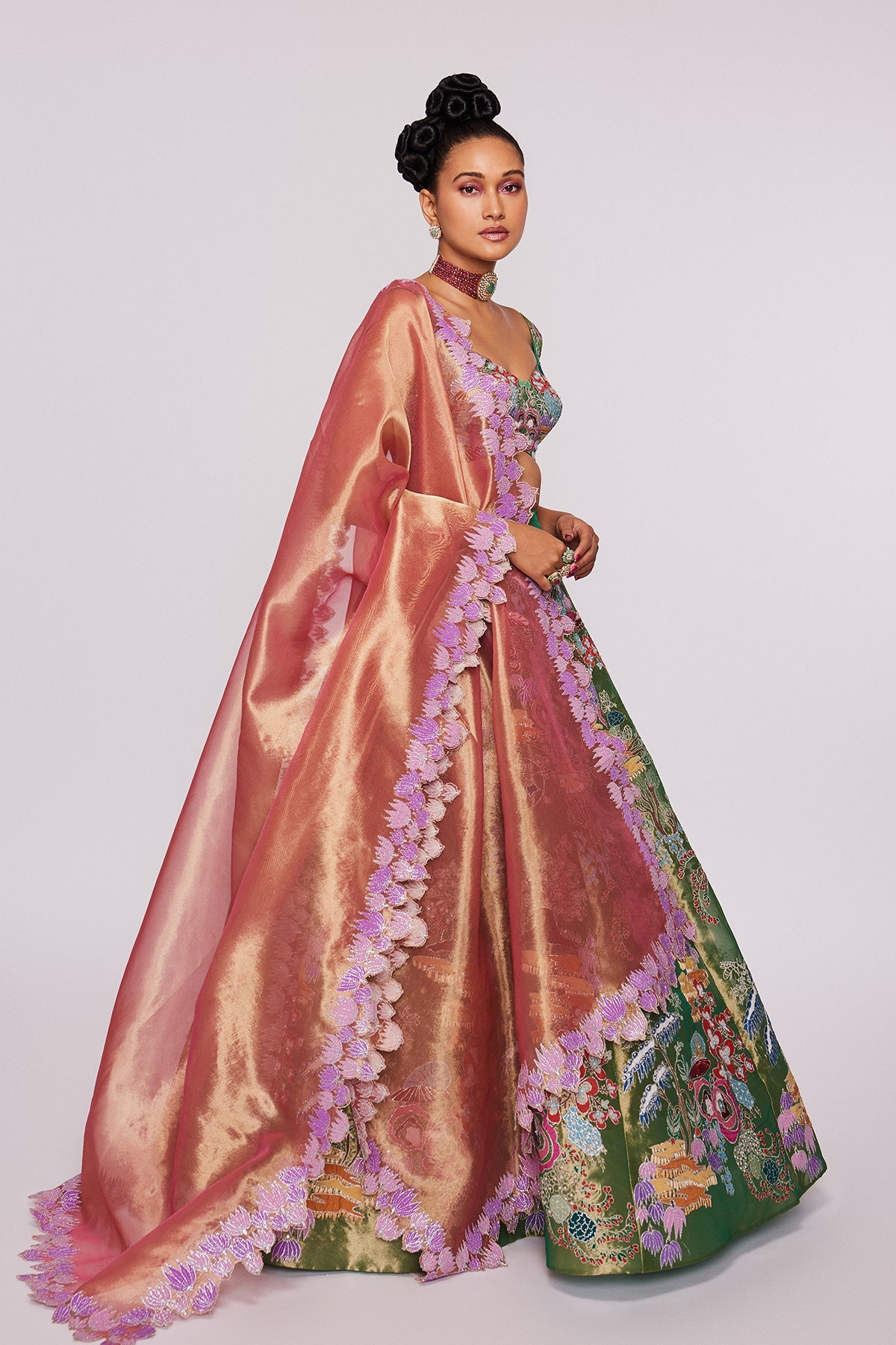 JULIETTE - Green Divergence Tissue Appliquéd And Embellished Lehenga With Blouse And Tissue Dupatta