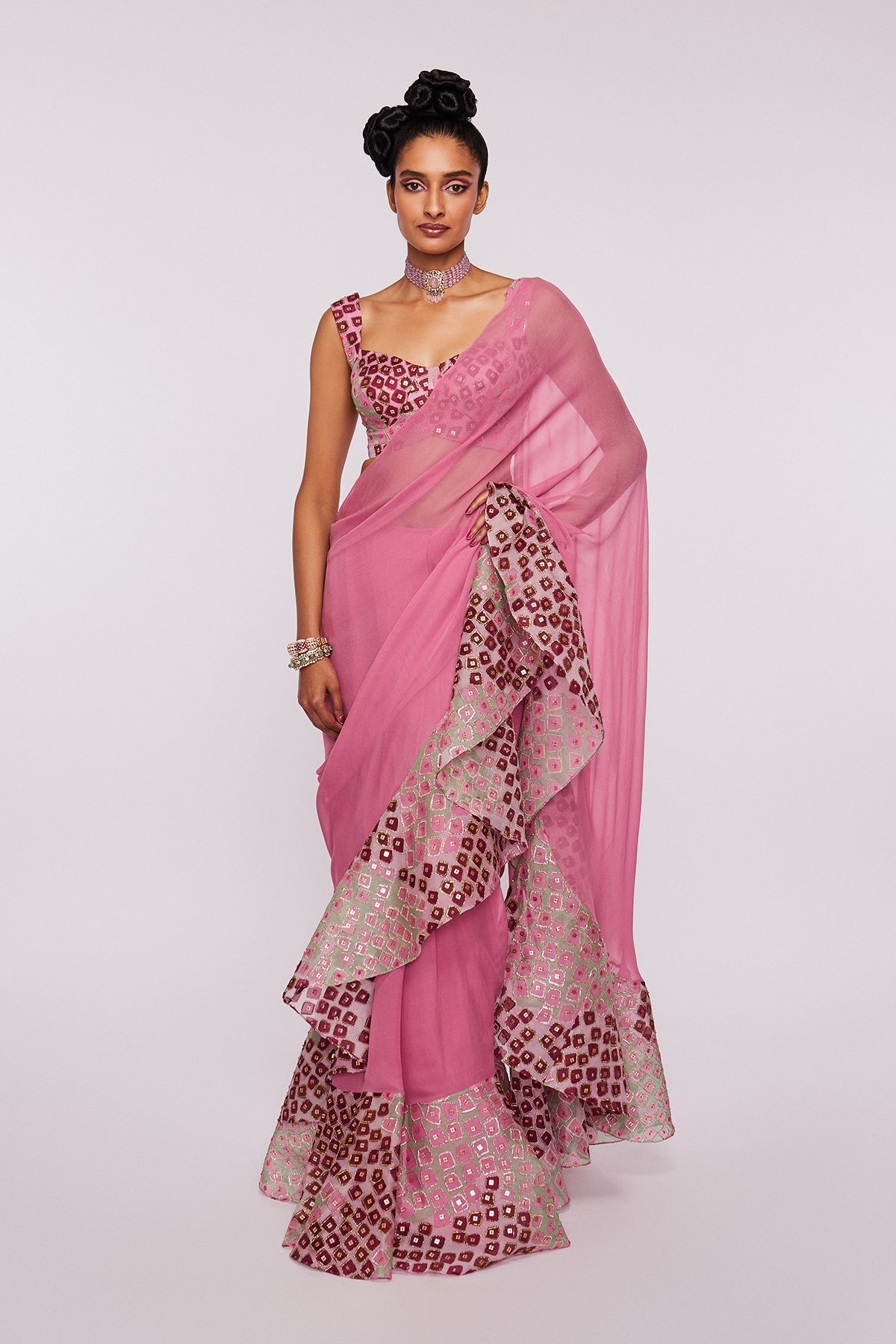 ROISIN - Pink Divergence Organza Eye Printed And Embellished Ruffle Saree And Blouse