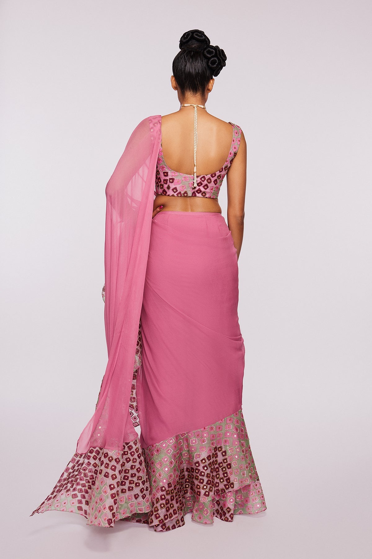 ROISIN - Pink Divergence Organza Eye Printed And Embellished Ruffle Saree And Blouse