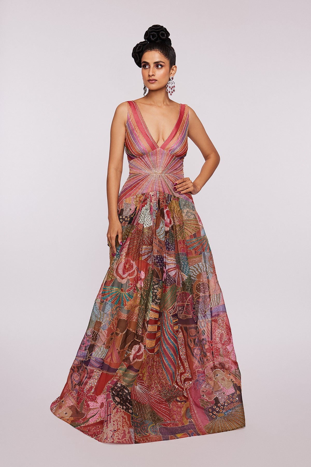 AUDREY - Pink Divergence Organza Printed And Embellished Gown