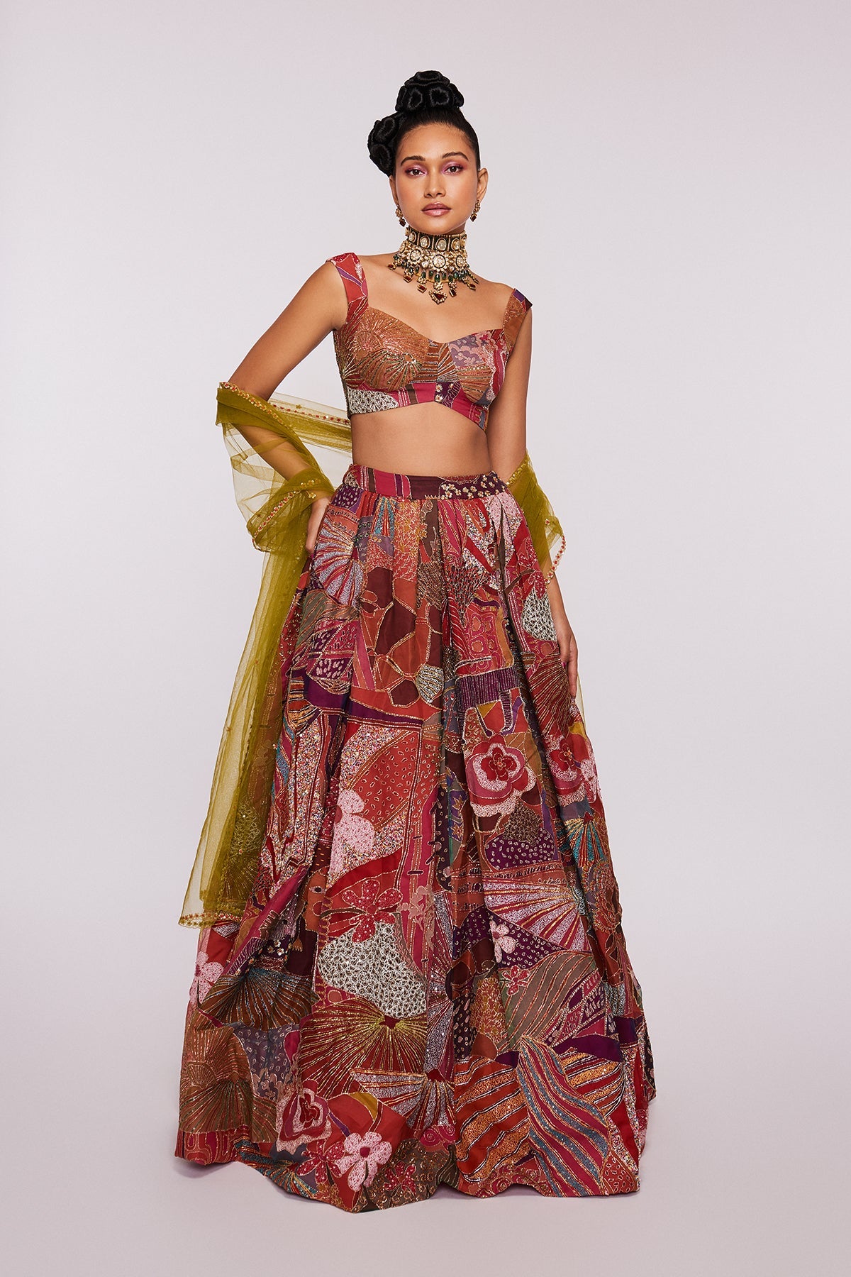 CARMINE - Pink Divergence Indian Organza Printed And Embellished Top And Skirt With Dupatta