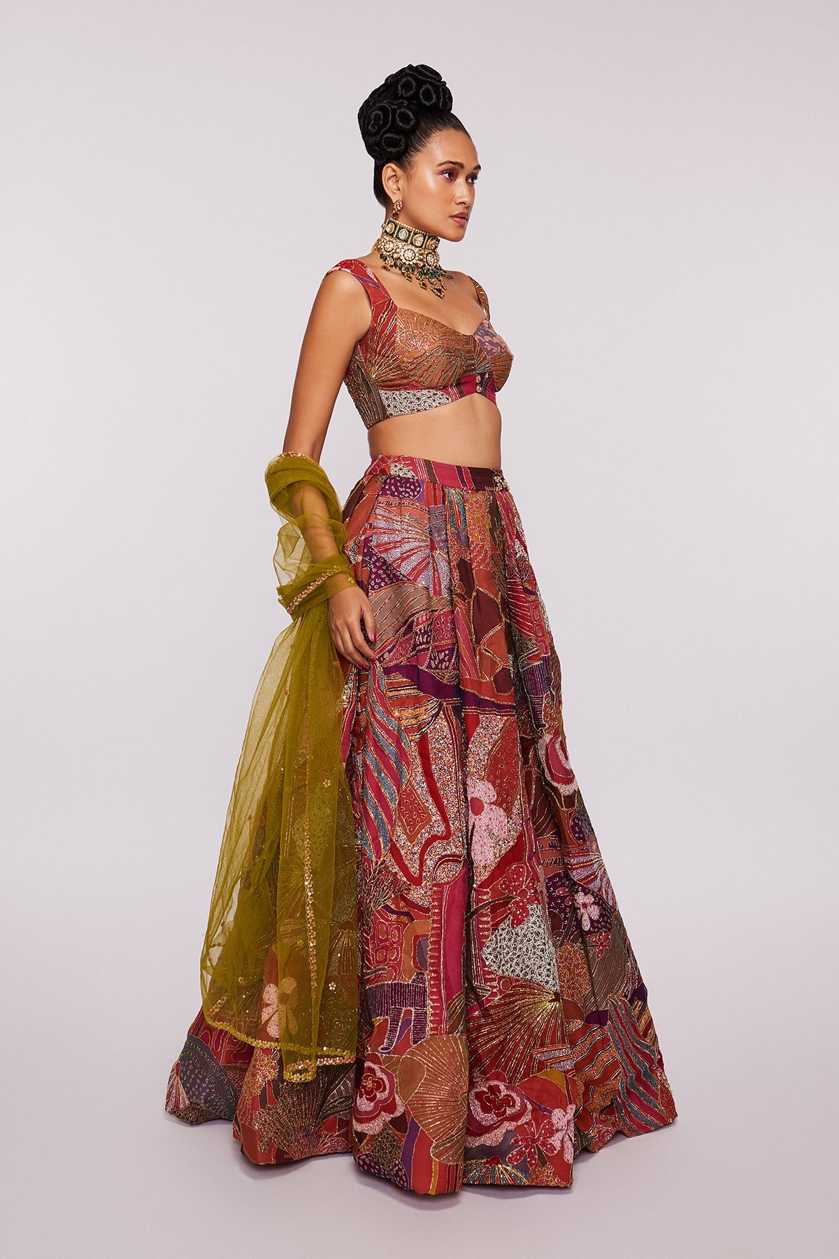 CARMINE - Pink Divergence Indian Organza Printed And Embellished Top And Skirt With Dupatta
