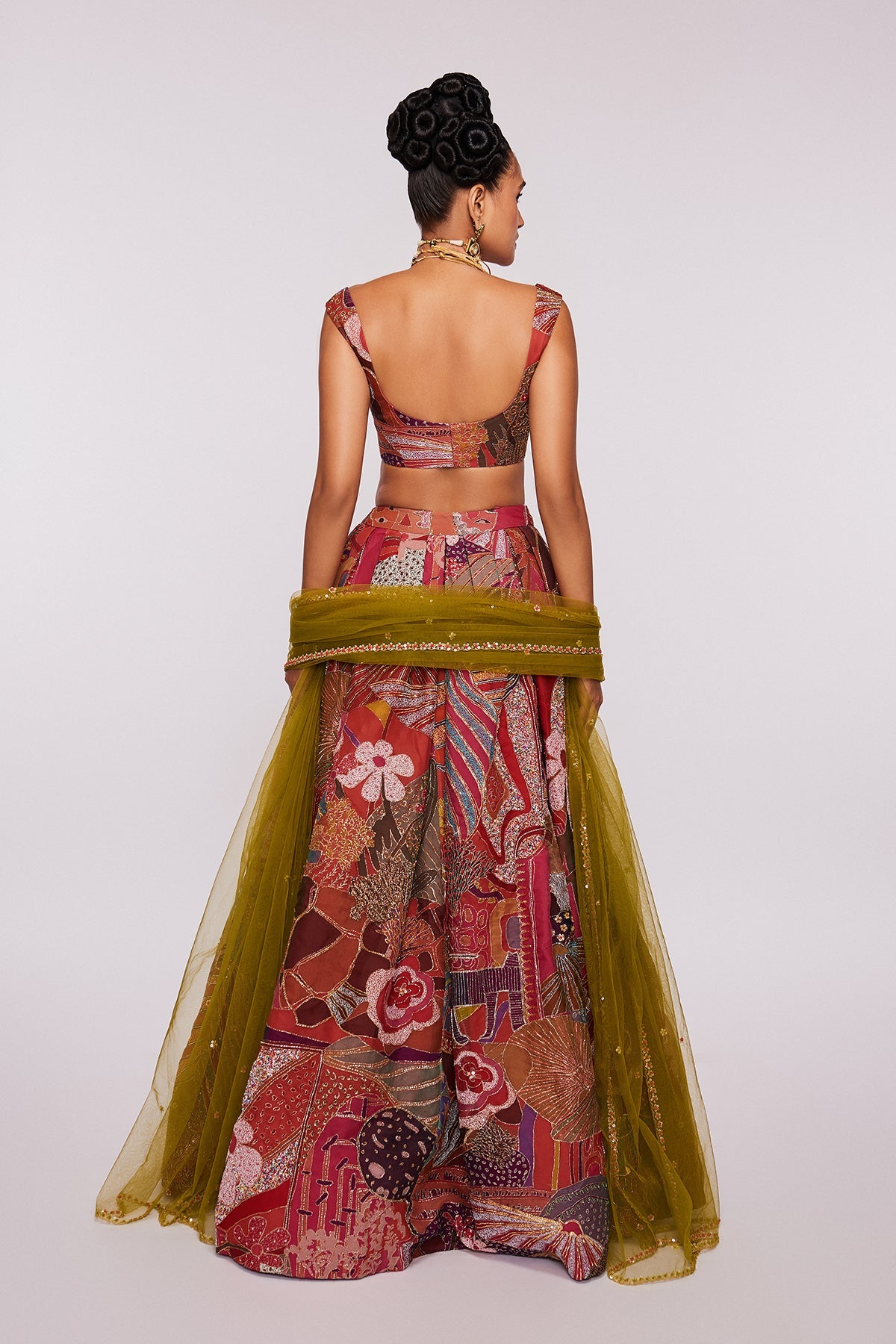 CARMINE - Pink Divergence Indian Organza Printed And Embellished Top And Skirt With Dupatta