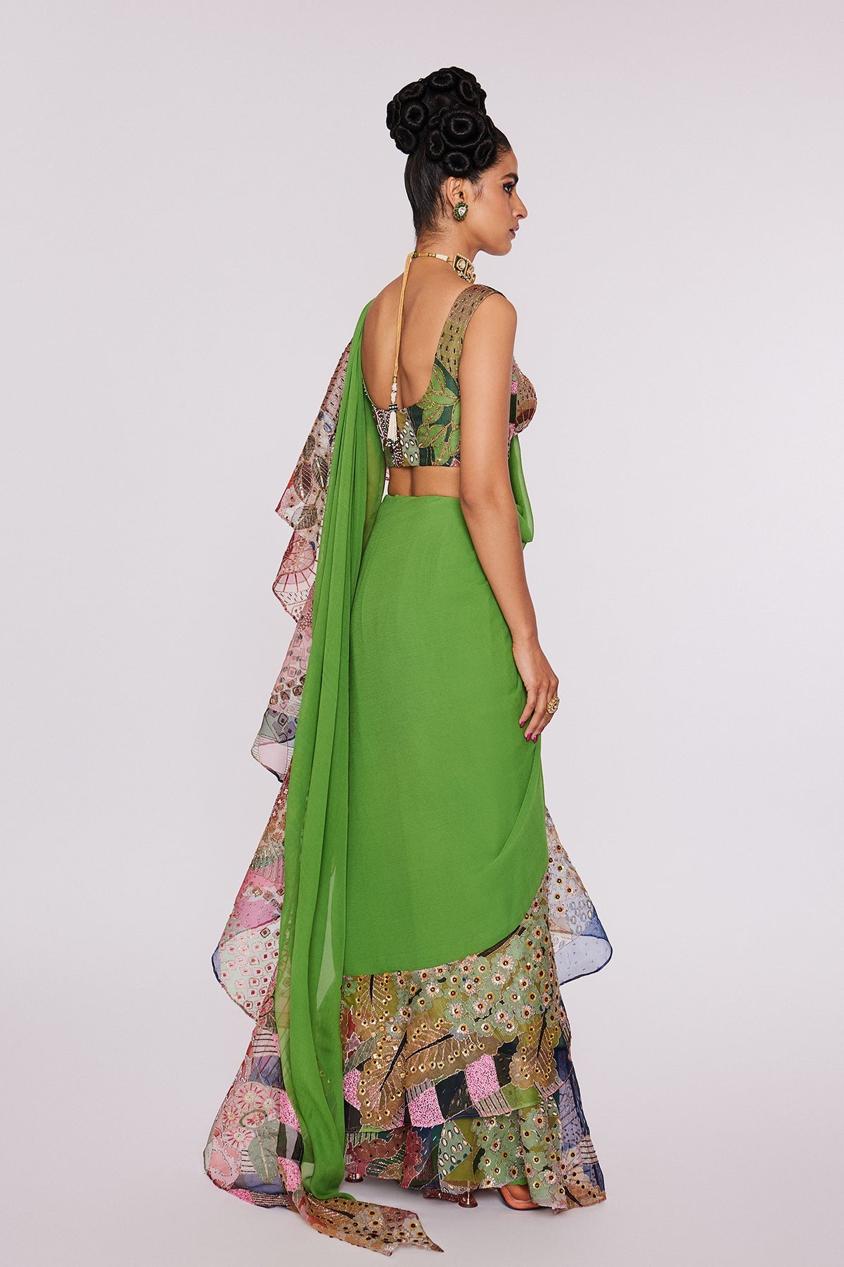 BERYL - Parrot Green Divergence Organza Vase Printed And Embellished Ruffle Saree And Blouse