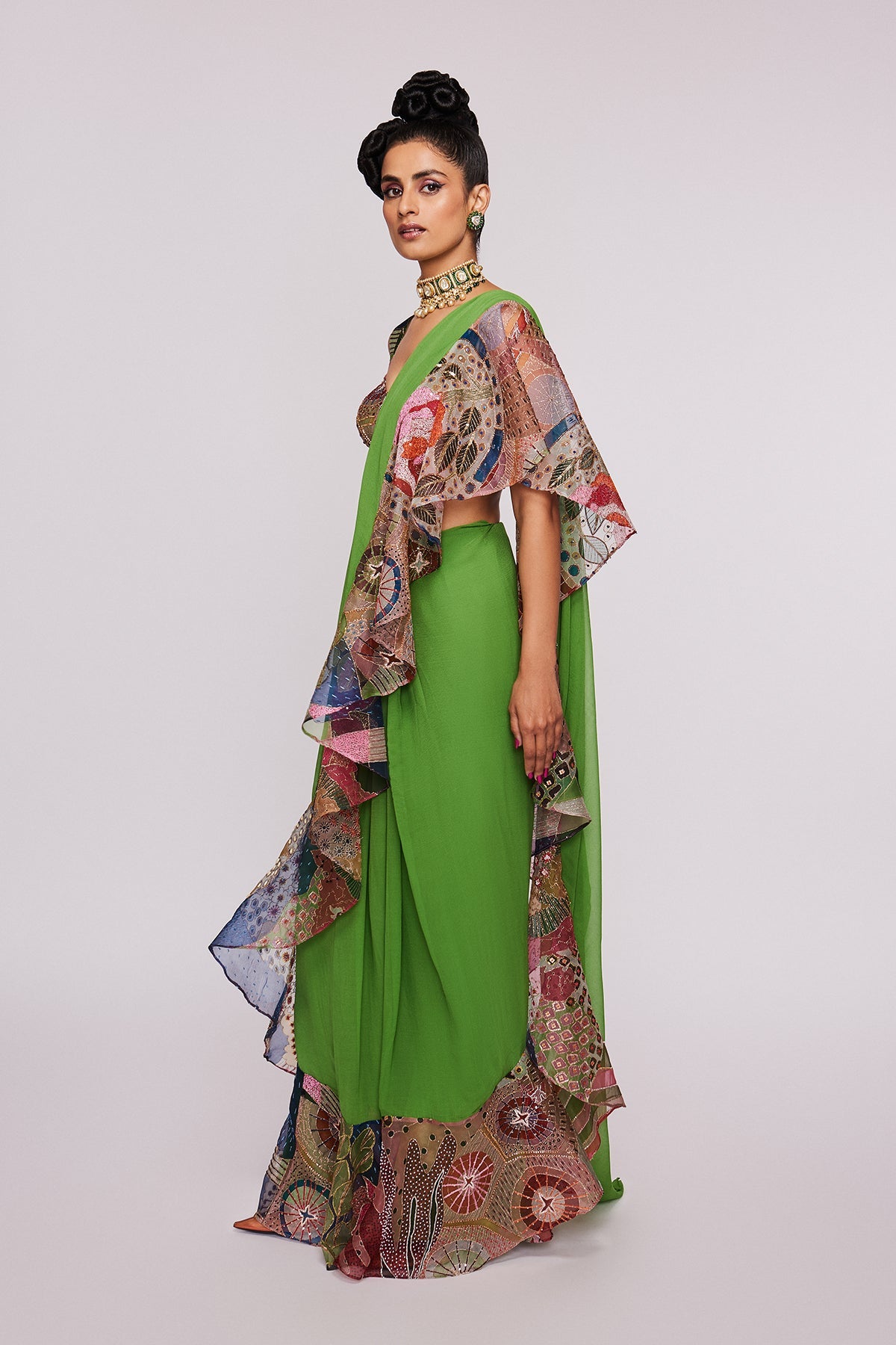 BERYL - Parrot Green Divergence Organza Vase Printed And Embellished Ruffle Saree And Blouse