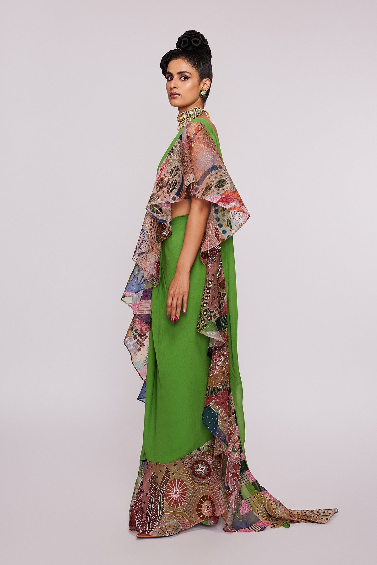 BERYL - Parrot Green Divergence Organza Vase Printed And Embellished Ruffle Saree And Blouse