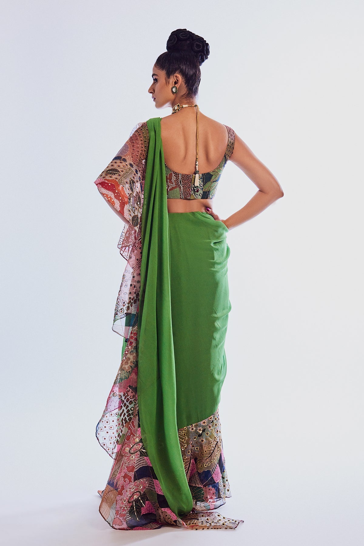 BERYL - Parrot Green Divergence Organza Vase Printed And Embellished Ruffle Saree And Blouse