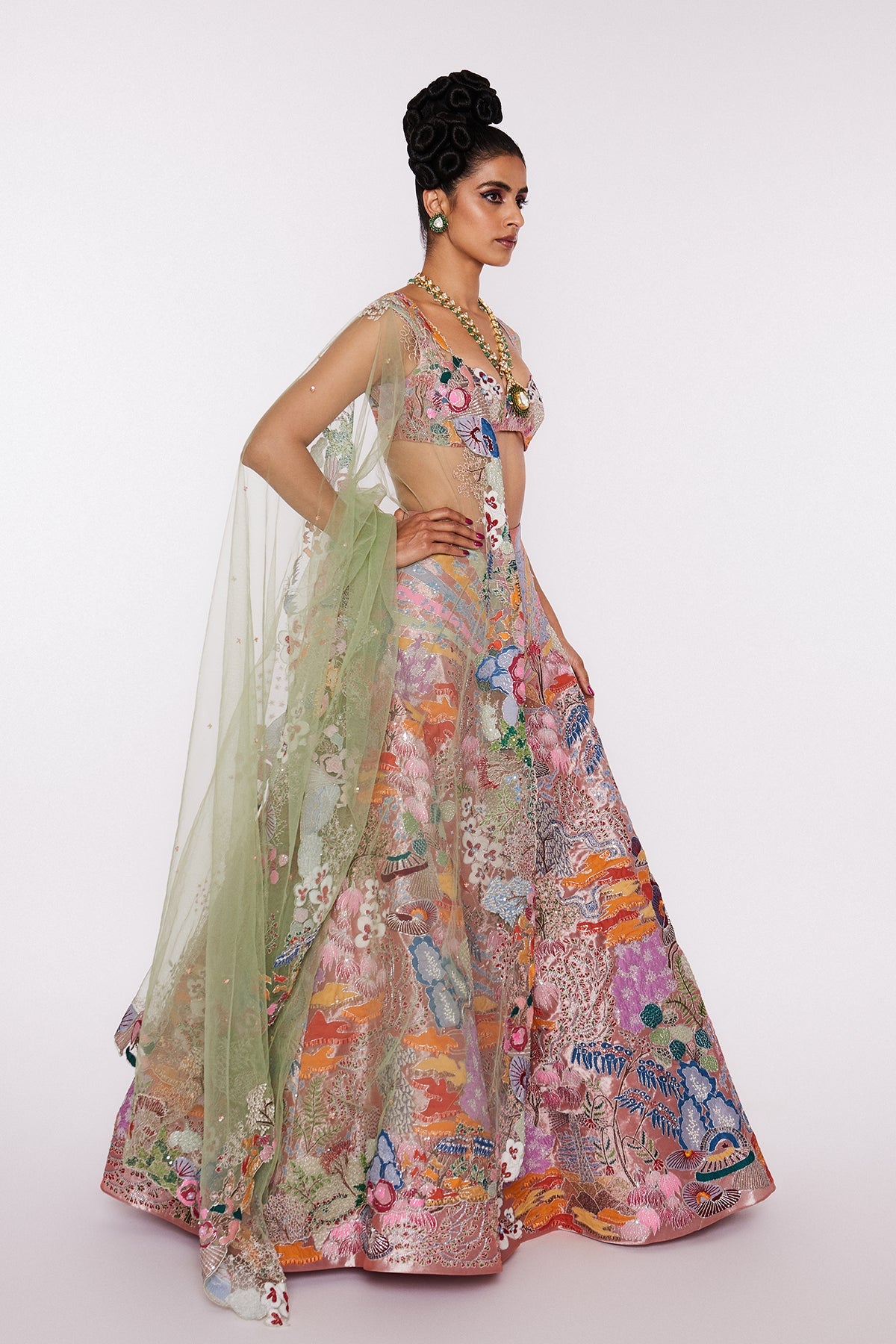 CERISE - Peach Divergence Tissue Appliquéd And Embellished Lehenga With Blouse And Tulle Dupatta