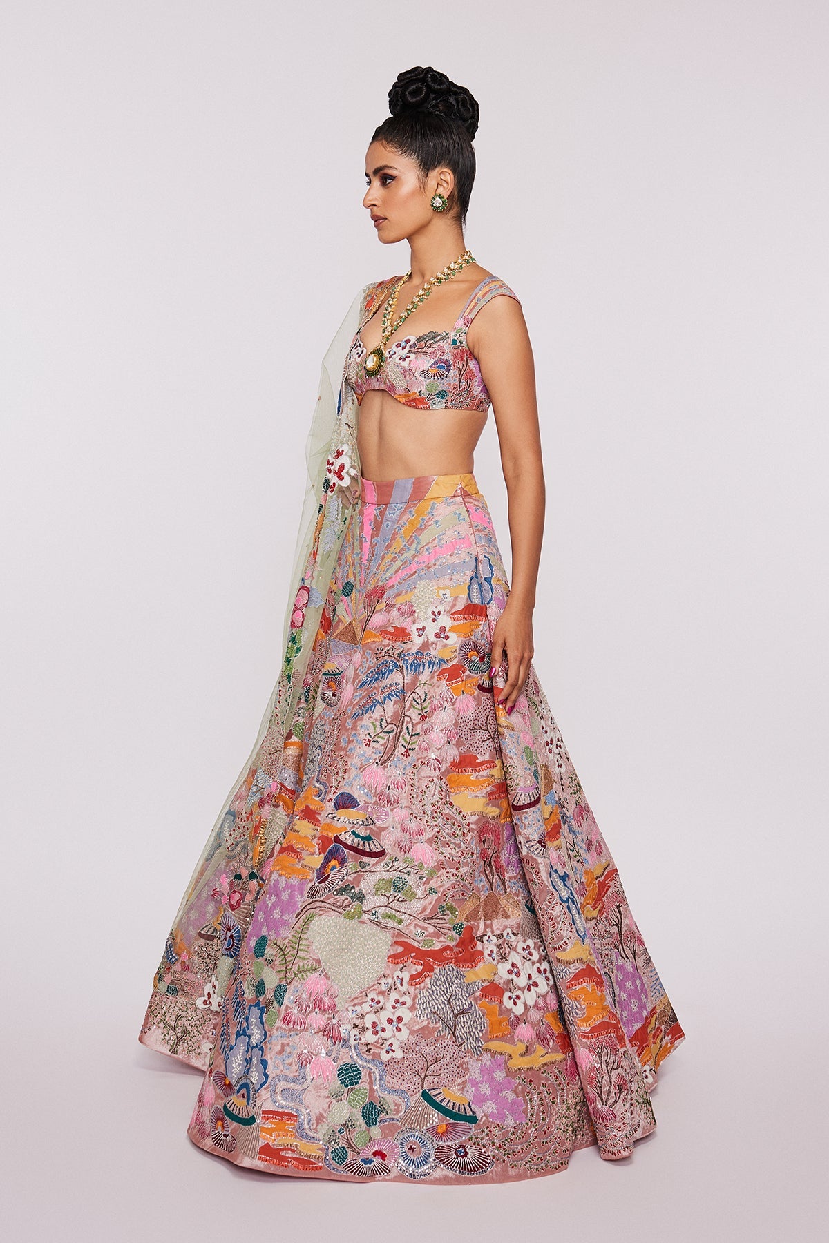 CERISE - Peach Divergence Tissue Appliquéd And Embellished Lehenga With Blouse And Tulle Dupatta