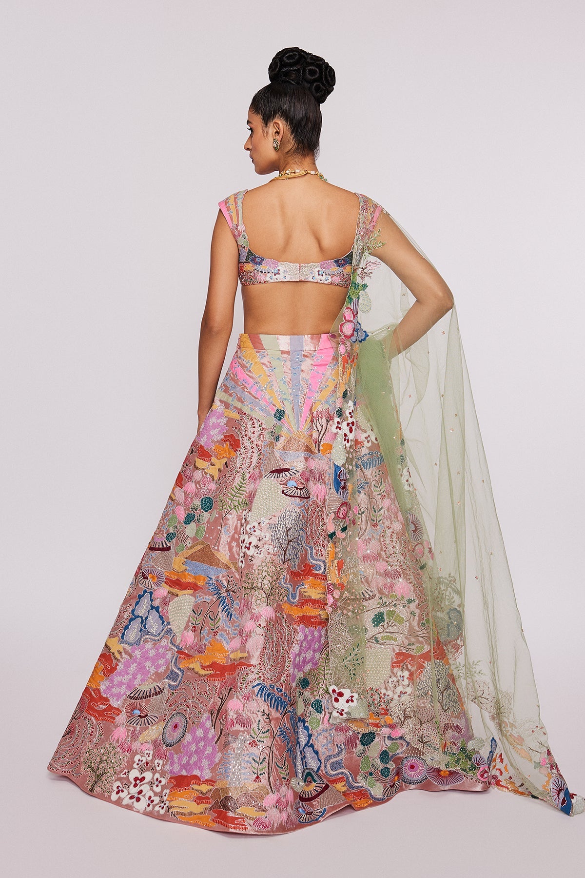 CERISE - Peach Divergence Tissue Appliquéd And Embellished Lehenga With Blouse And Tulle Dupatta