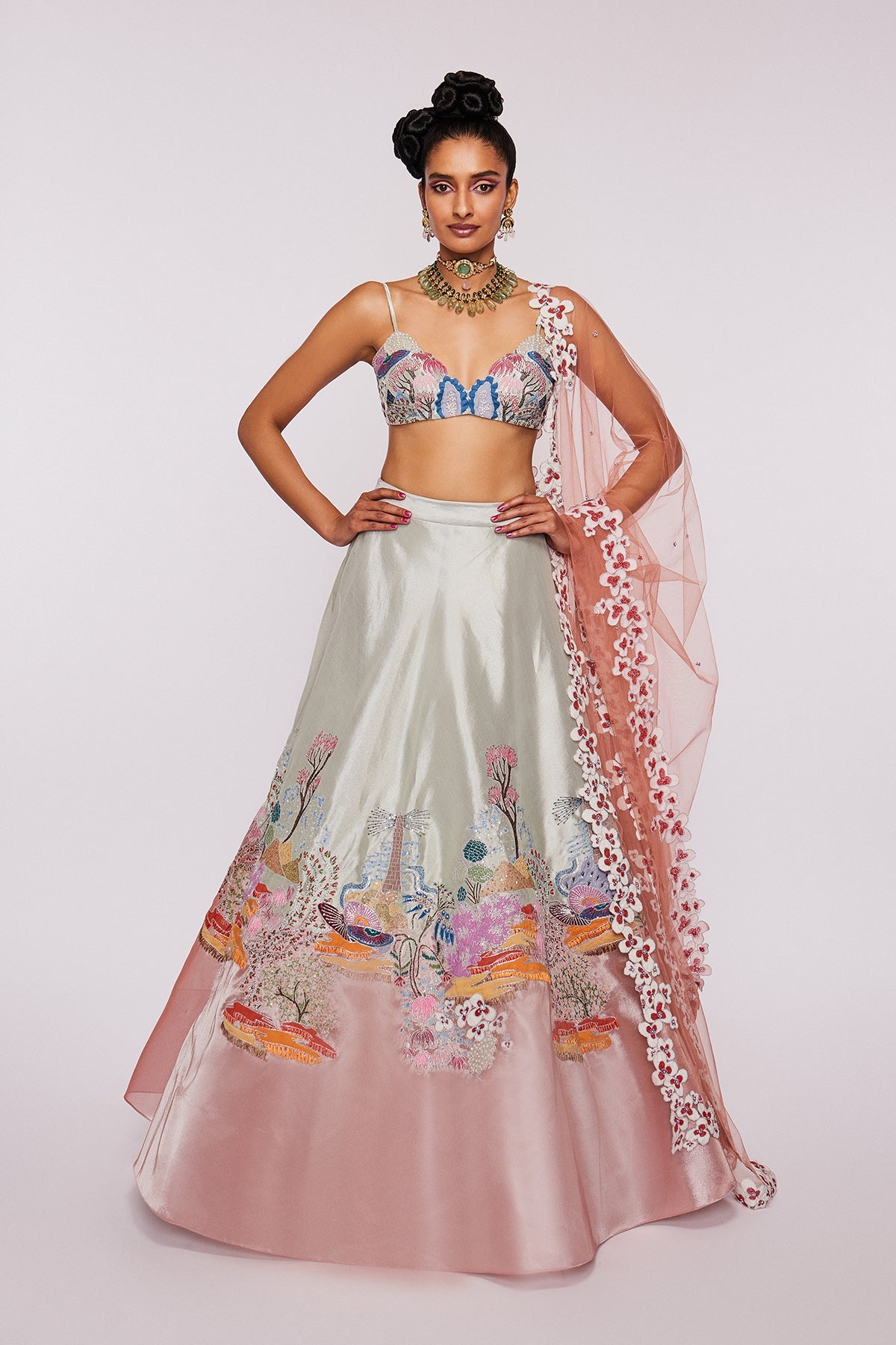 ISABELLA - Ivory And Peach Divergence Tissue Appliquéd And Embellished Lehenga With Blouse And Tulle Dupatta