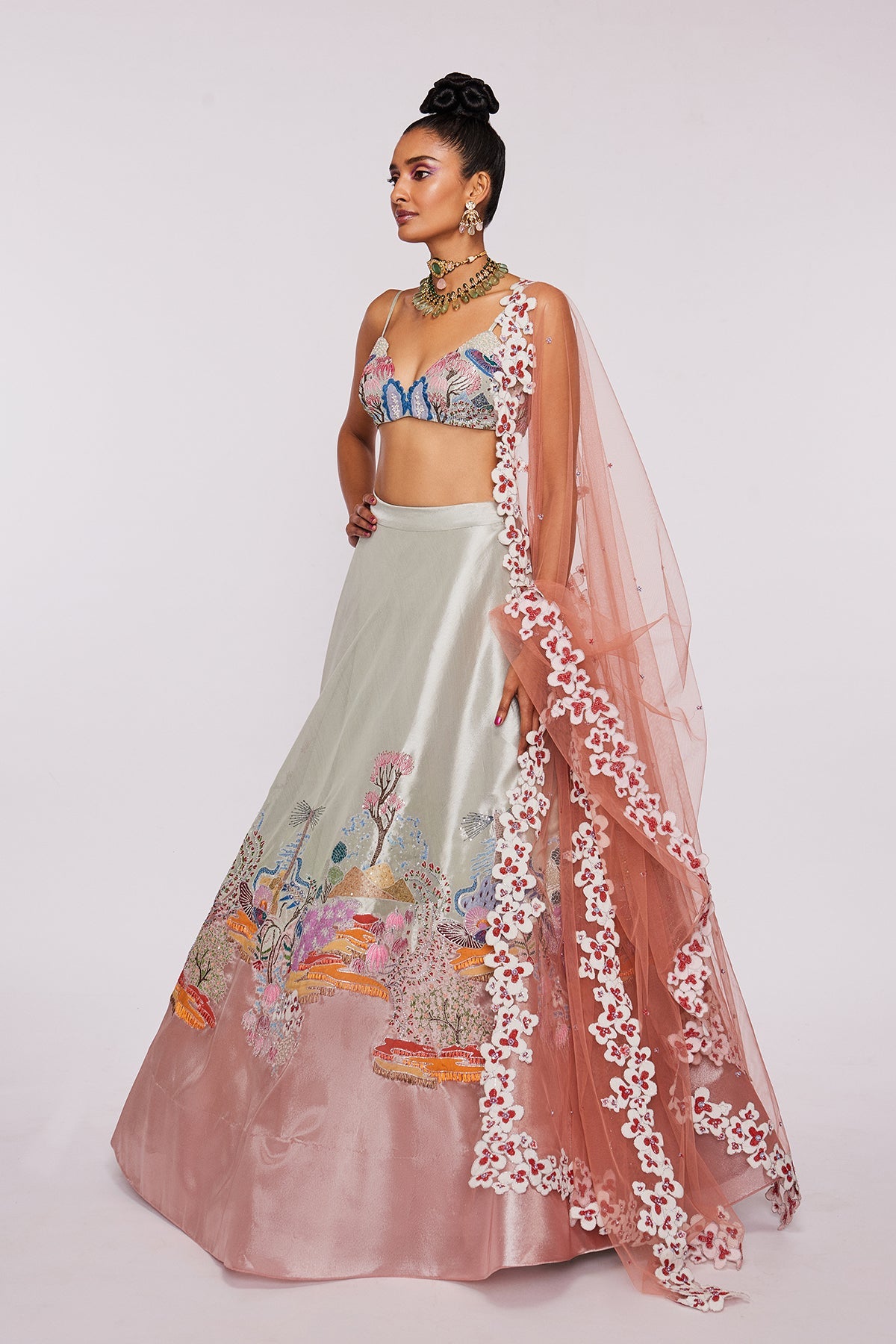ISABELLA - Ivory And Peach Divergence Tissue Appliquéd And Embellished Lehenga With Blouse And Tulle Dupatta