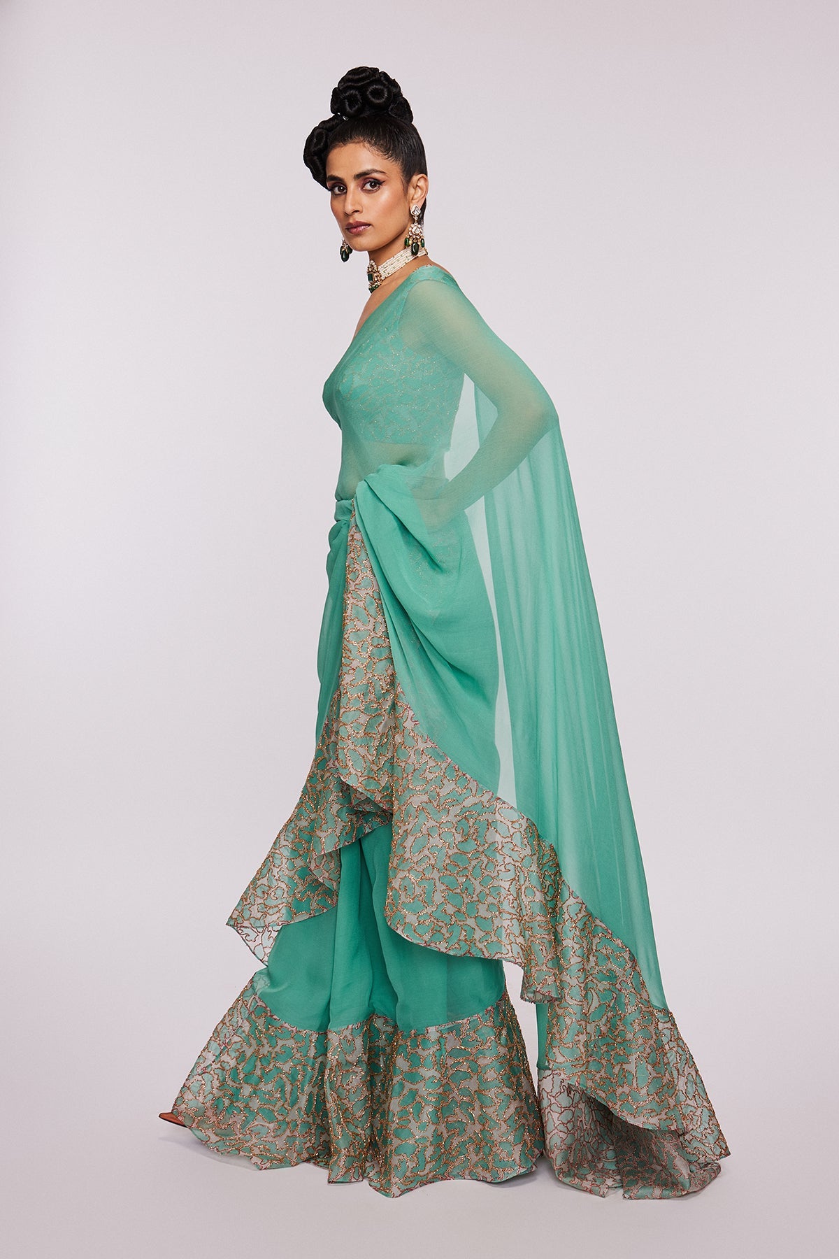 JADE - Sea Green Divergence Organza Animal Printed And Embellished Ruffle Saree And Blouse